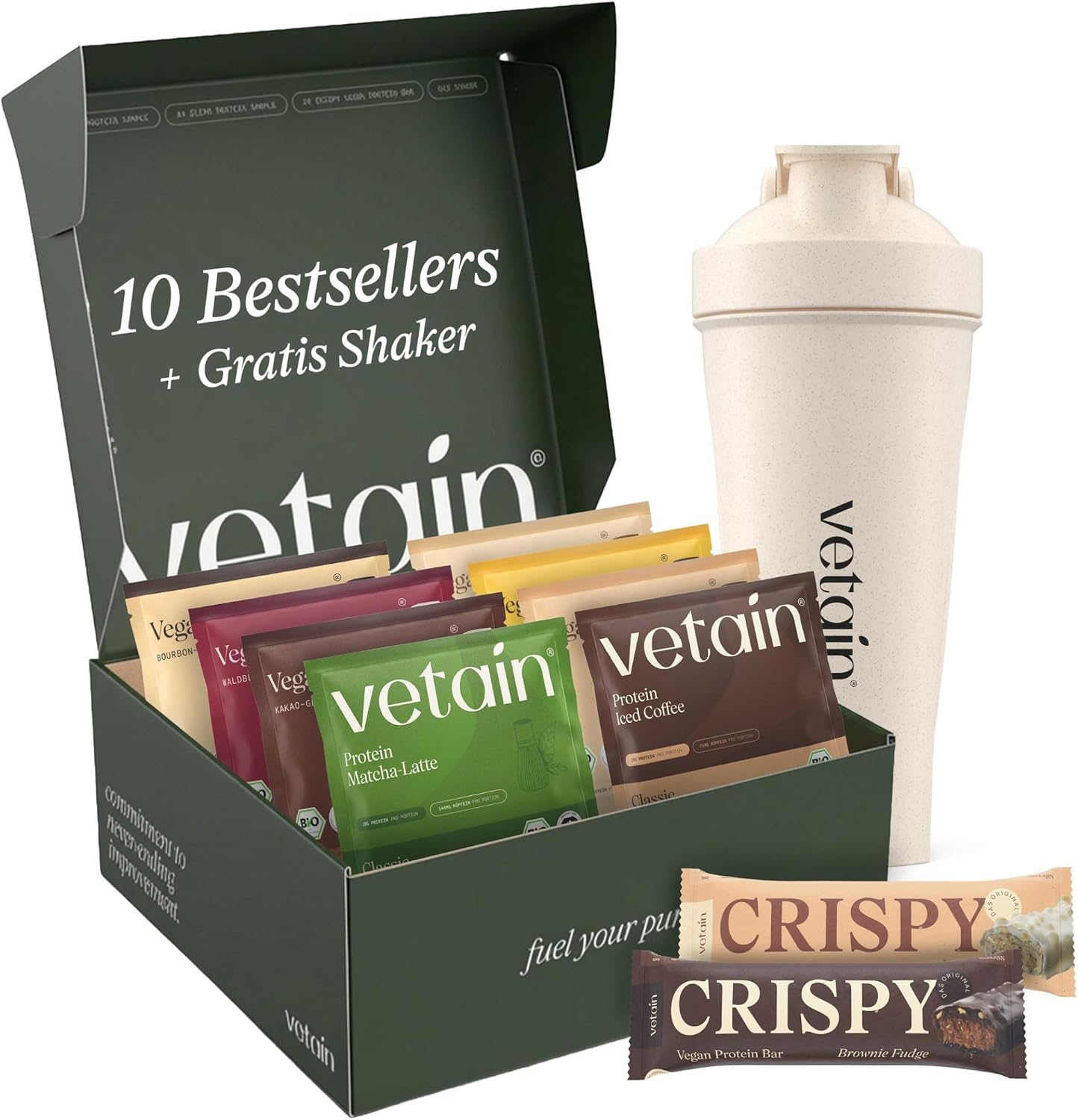 Detalle de VETAIN Protein Probierpaket + Gratis Shaker – 8 vegane Proteinpulver, 2 Crispy Riegel und Shaker