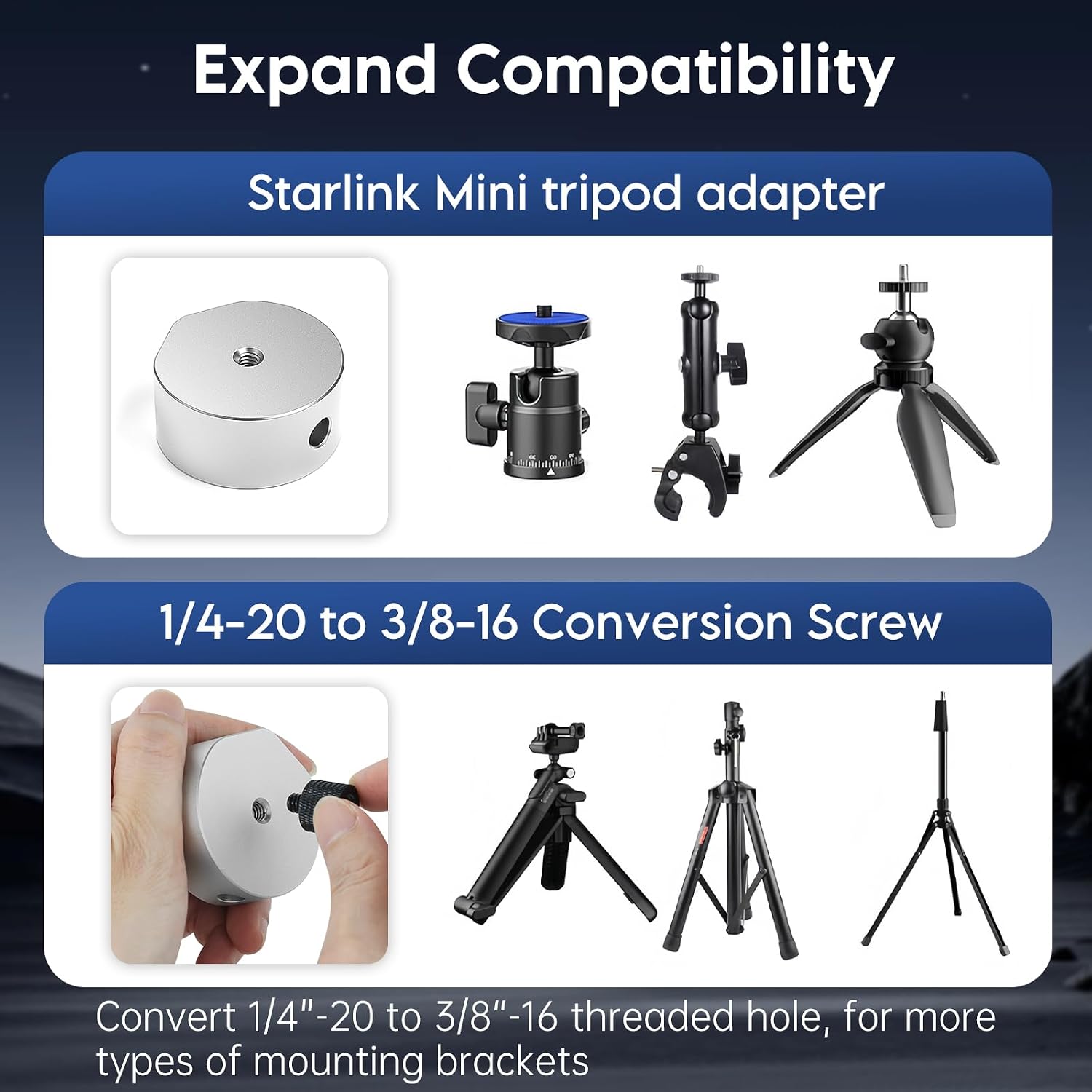 Detalle 2 de XLTTYWL 2025 Starlink Mini Tripod Adapter – Aluminium CNC‑Machined 1/4"-20 / 3/8"-16 Mount for Starlink Mini