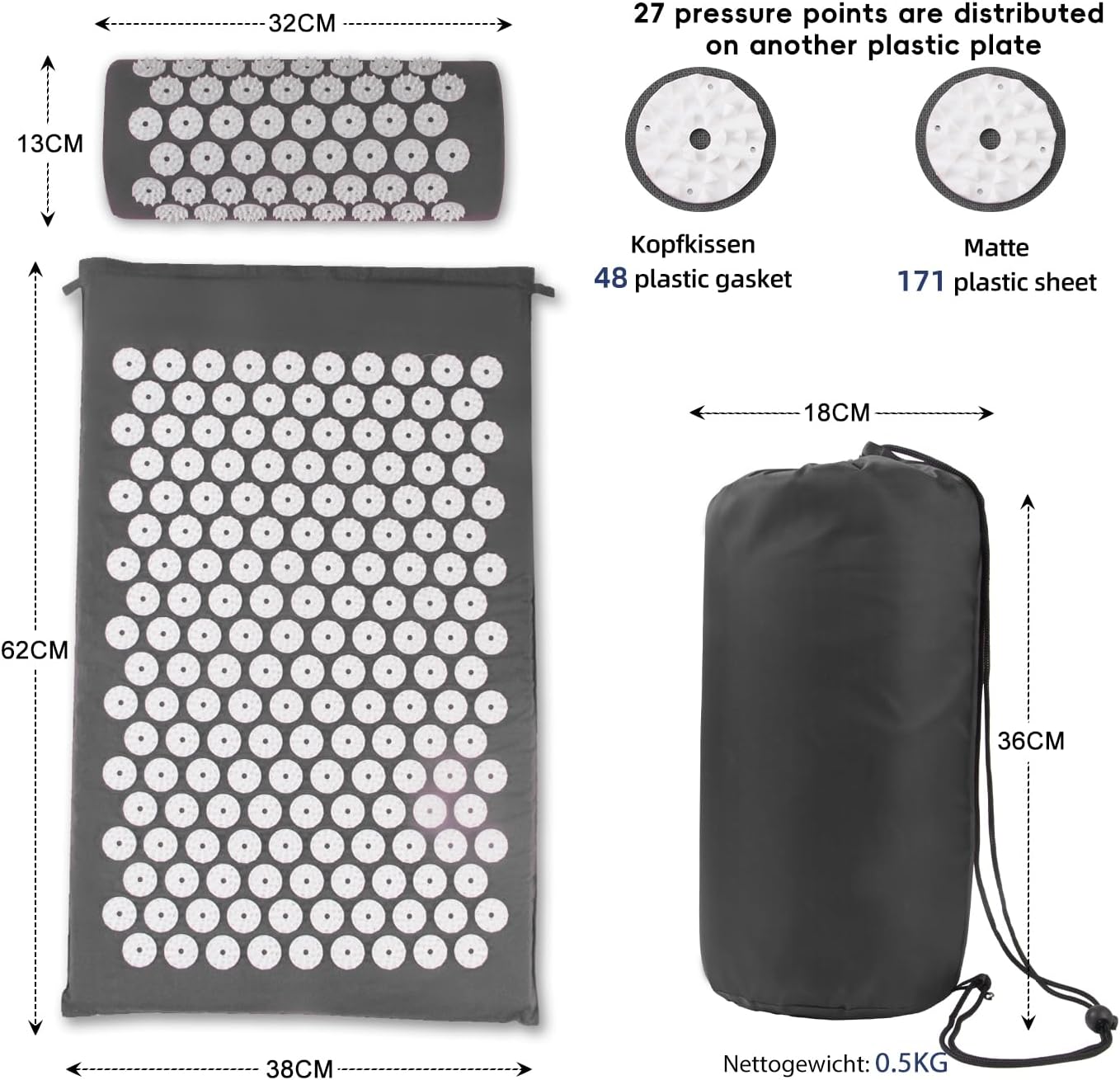 Detalle de Acupressure Mat and Pillow Set with 2 Massage Balls – Grey