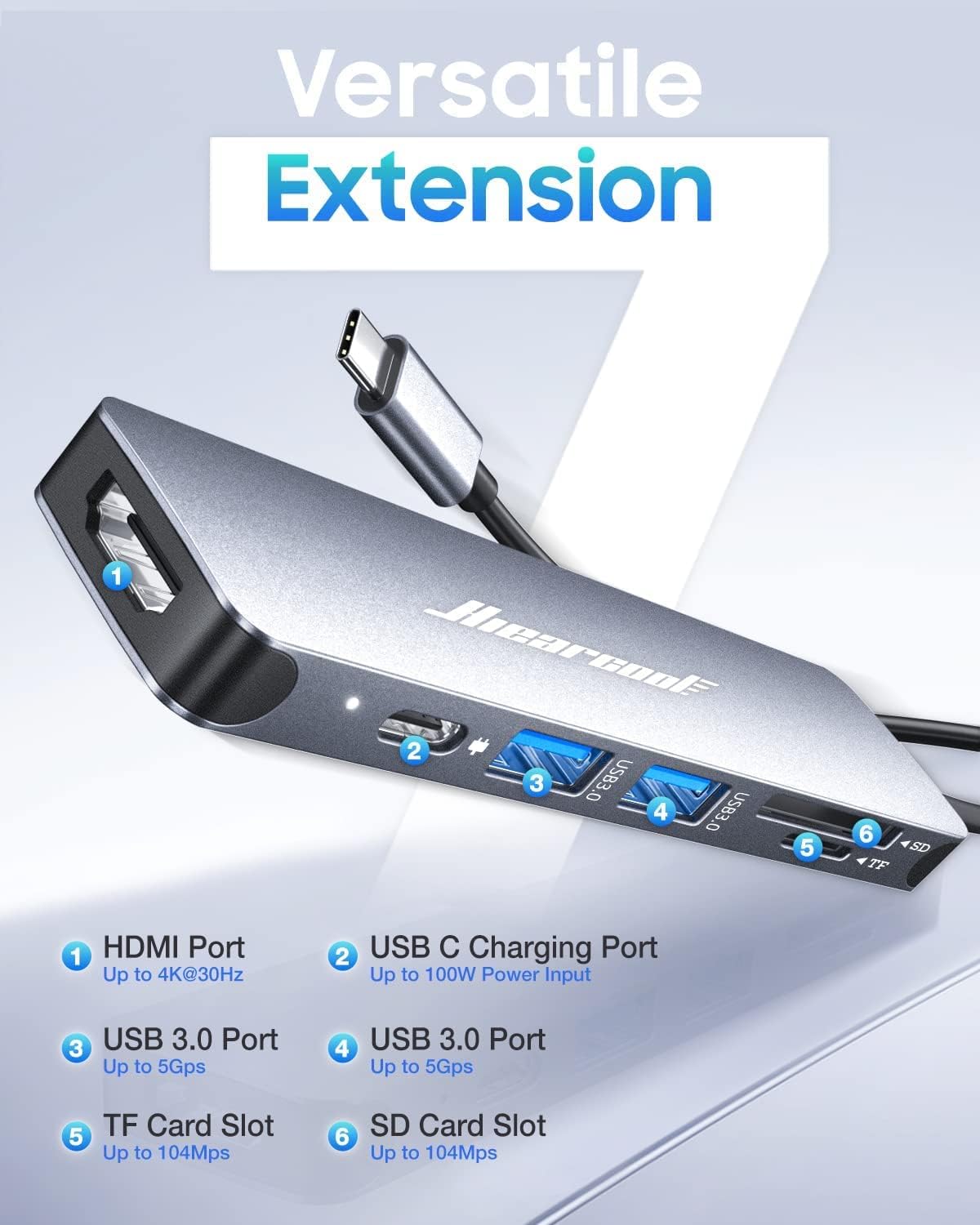 Detalle 2 de Hiearcool UCN3286 7-in-1 USB-C Hub with 4K HDMI and 100W PD