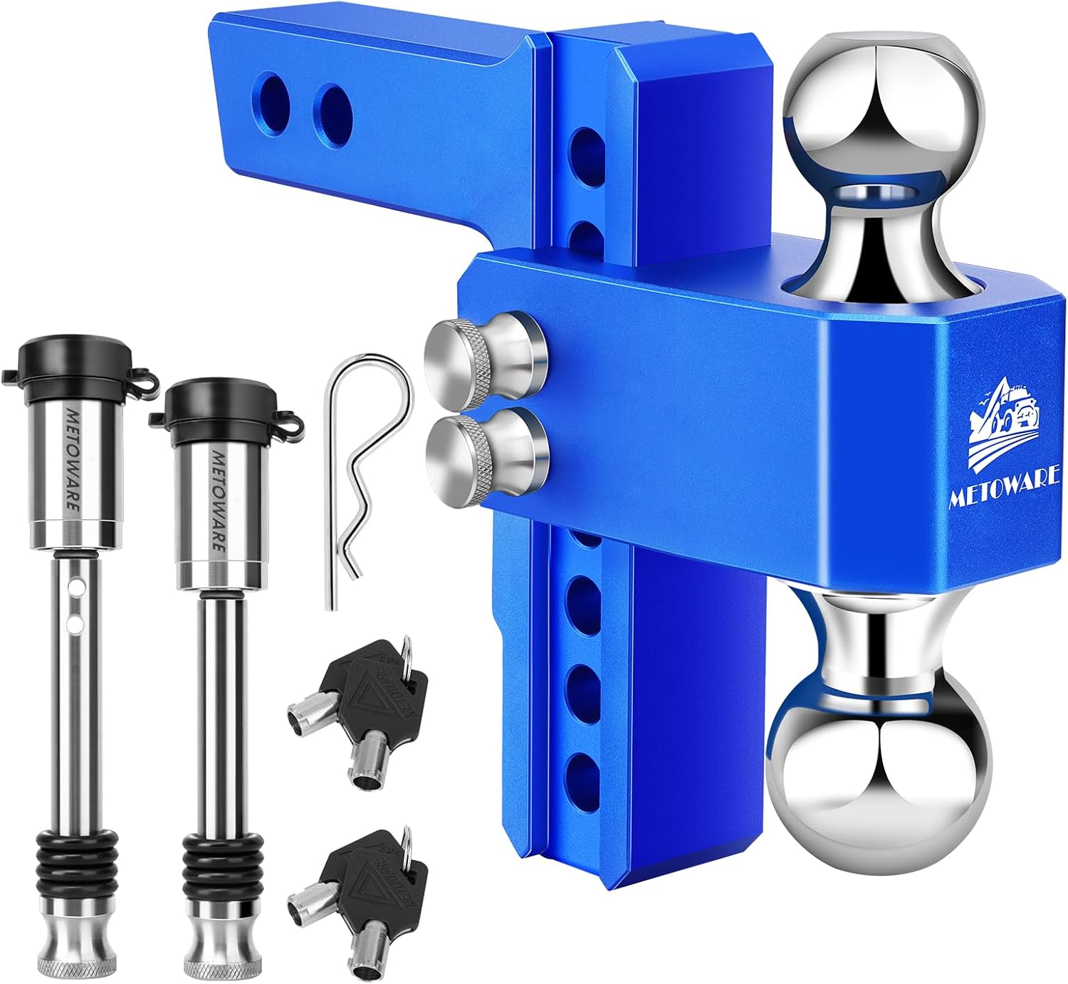 Detalle de METOWARE Adjustable Trailer Hitch (Aluminum) for 2-Inch Receiver, 6-Inch Drop/Rise, Dual Ball, 14,000 lbs GTW