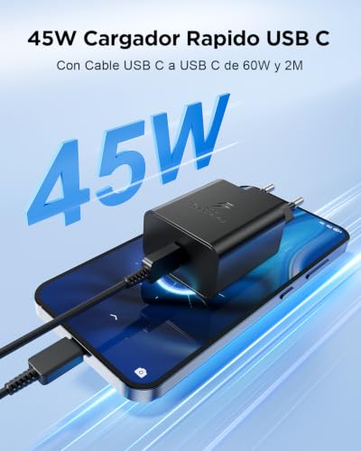 Detalle de Cargador USB-C 45W Baileku con cable de 2 m para Samsung y más