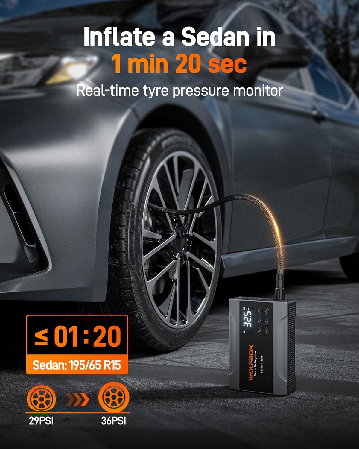 Thumbnail 3 de WOLFBOX 2000A : démarreur d’urgence 12V portable avec compresseur 150 PSI, power bank et LED