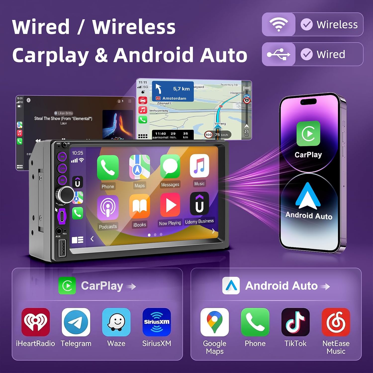 Thumbnail 1 de Autoradio 2 DIN con CarPlay Wireless e Android Auto, schermo touch 7'', telecamera posteriore e mirror link