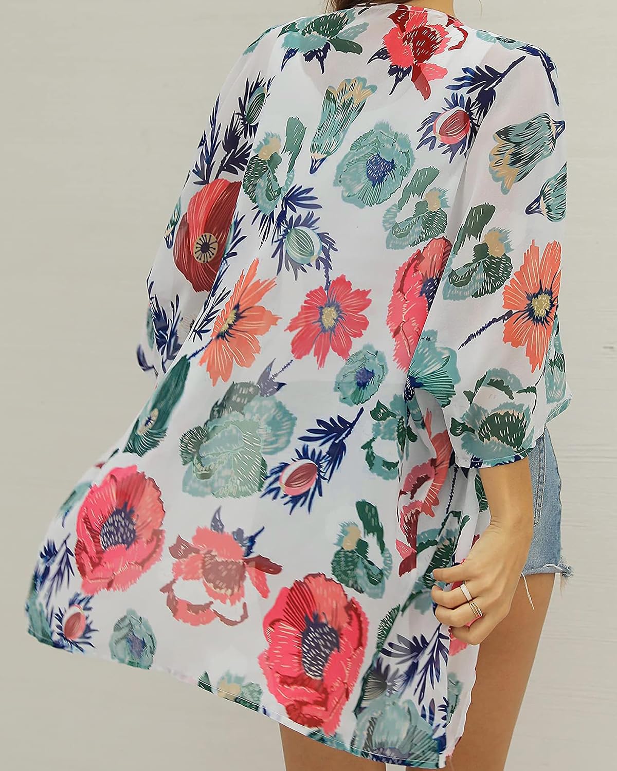 Detalle 2 de CHICALLURE Long Chiffon Kimono Cover-Up, Floral, Open Front, Knee-Length