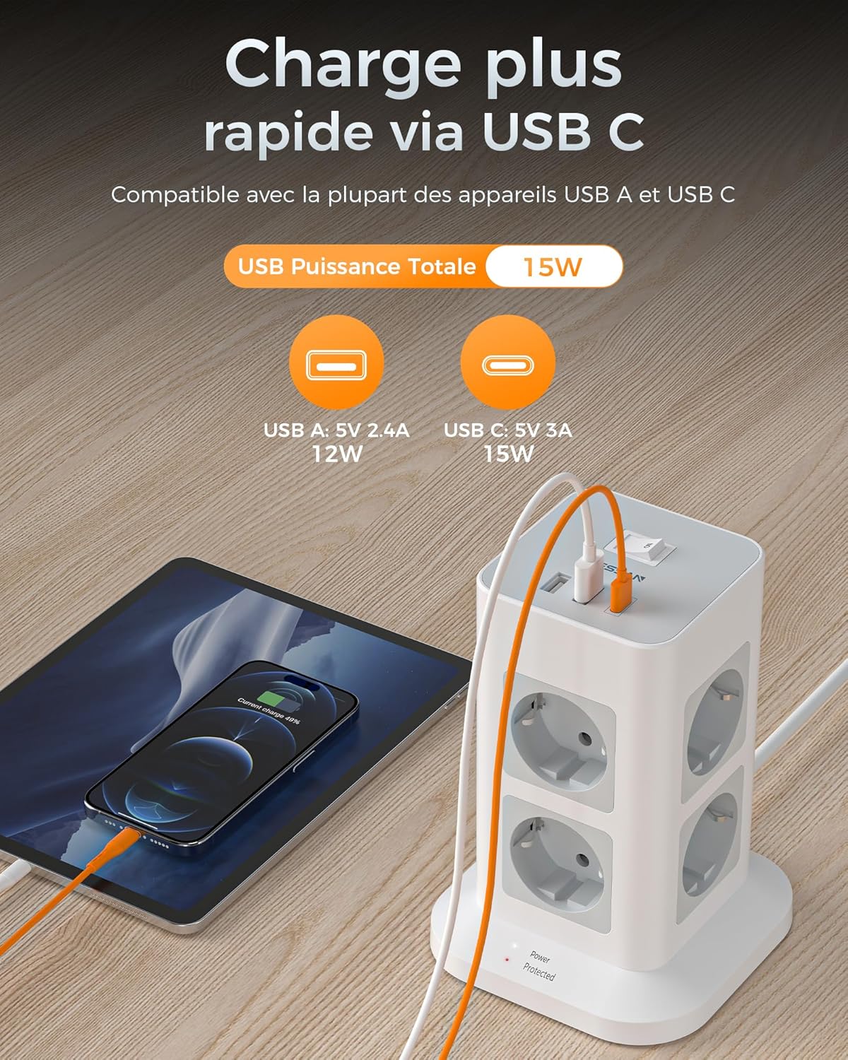 Detalle 2 de TESSAN Tour multiprise 8 prises + 3 USB 3 m ⚡