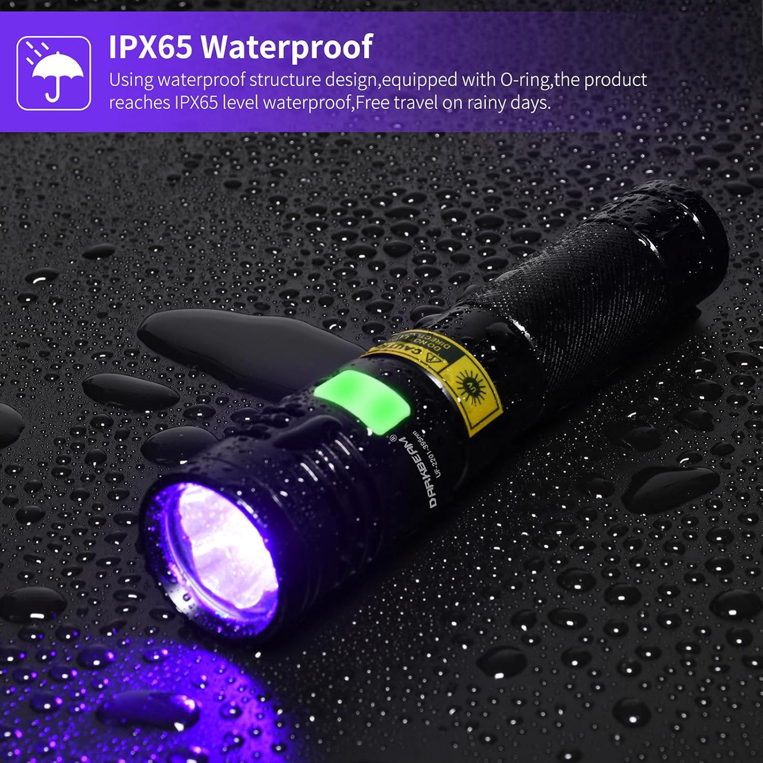 Detalle de DARKBEAM lampe de poche UV 395nm 20W – 3 LED USB-C, rechargeable et étanche IPX65