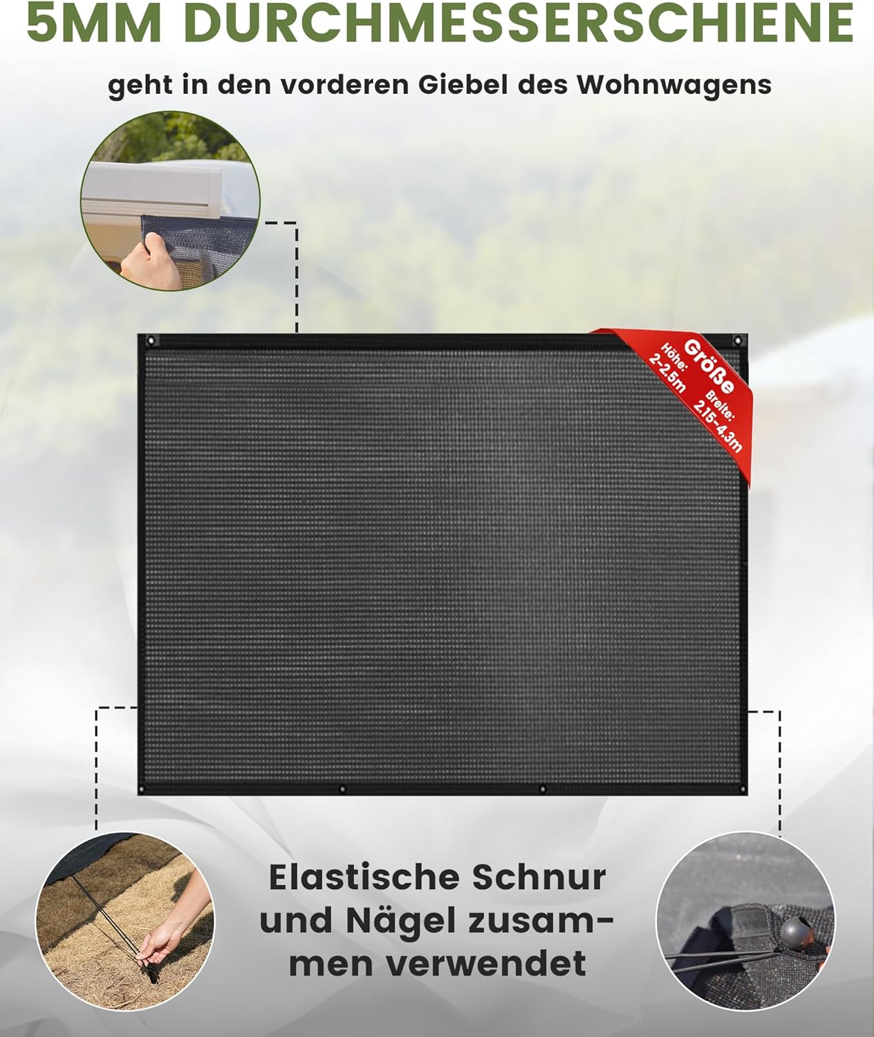 Detalle de FoundGo Sonnenschutz Markise Wohnmobil 200 x 430 cm – Sunblocker Vorderwand mit Keder, 220 g/m² HDPE, 75% Sichtschutz
