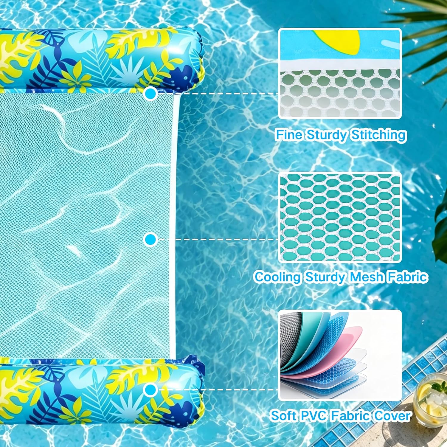 Detalle de Pool Hammock Floats Adults 2 Pack – 4 in 1 Multi-Purpose Inflatable Pool Floats with Air Pump