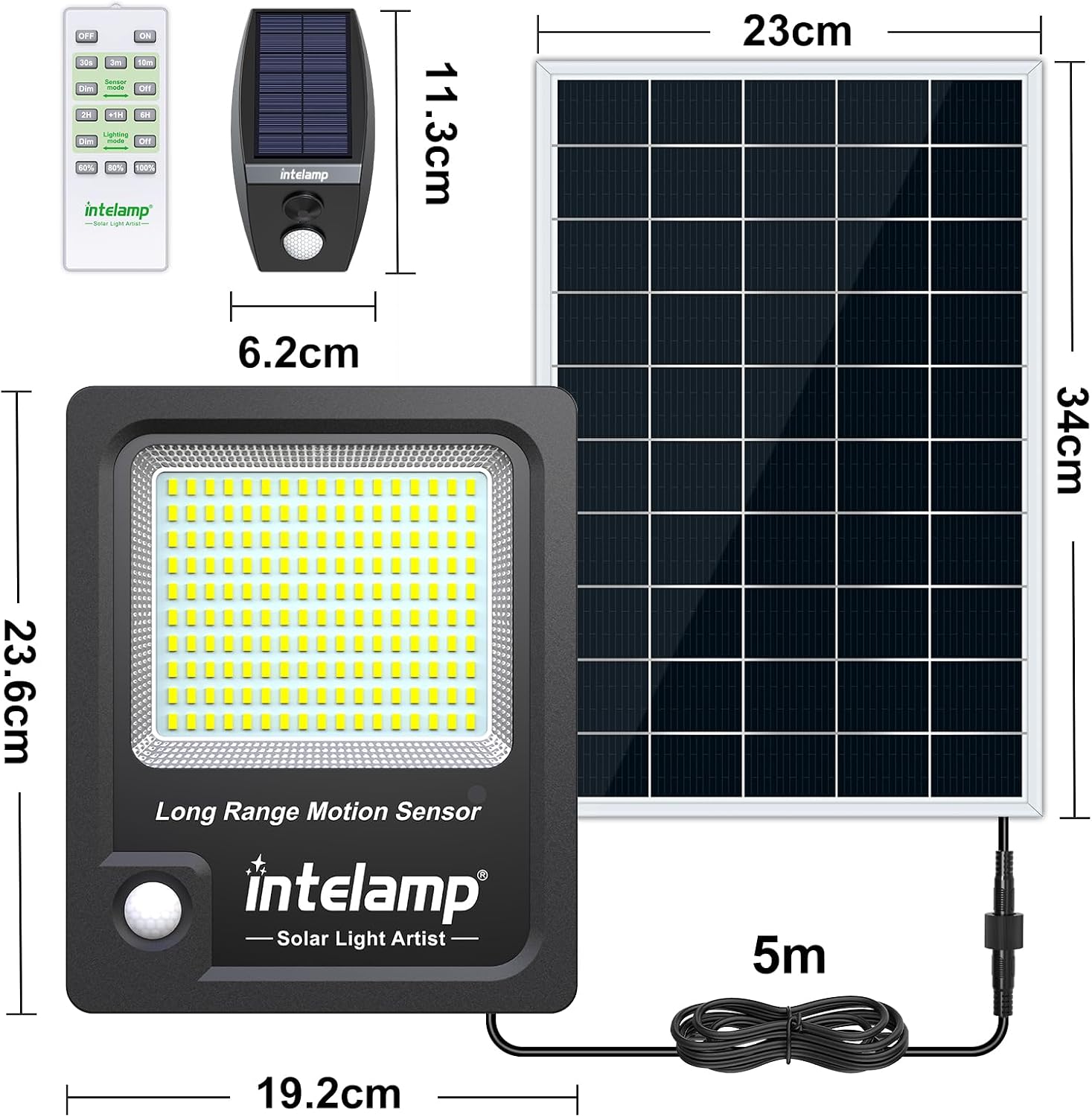 Detalle de INTELAMP Faro Led Esterno con Pannello Solare 12000mAh, 3000LM, Impermeabile IP65, Telecomando e Sensore