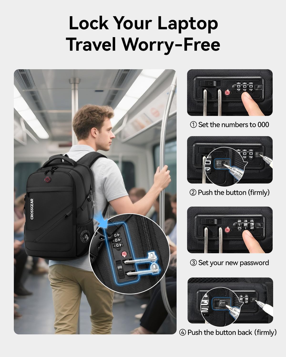 Detalle 2 de CROSSGEAR 17.3" Laptop Backpack with Anti-Theft Lock, Waterproof Travel Bag (USB-A & USB-C Charging) – Black