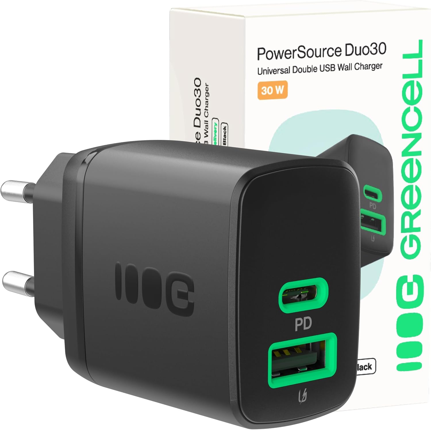 Detalle de Greencell PowerSource Duo30: Caricabatterie USB-C da 30 W con doppia porta per viaggiare leggero