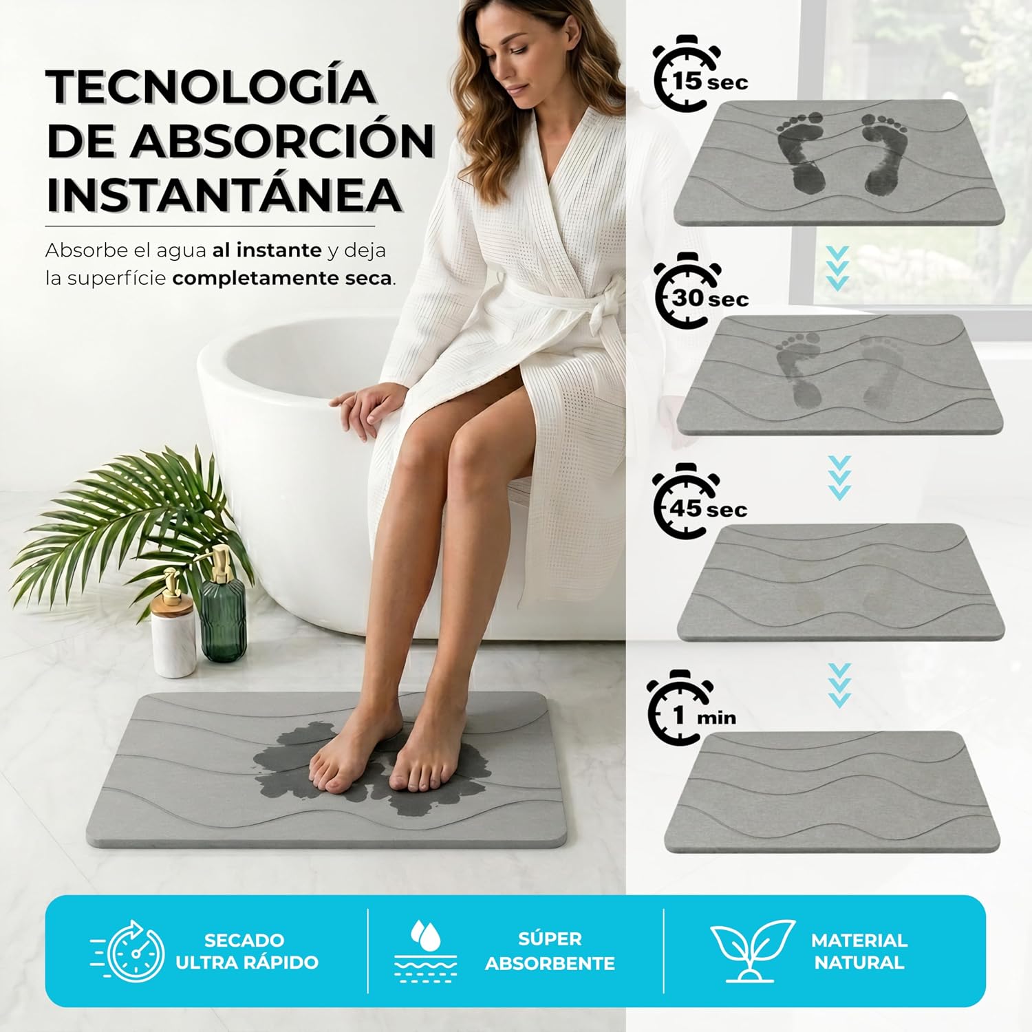Detalle de Pure 4Home Alfombra de diatomita para baño 60x40 (Grey Waves) secado rápido antideslizante