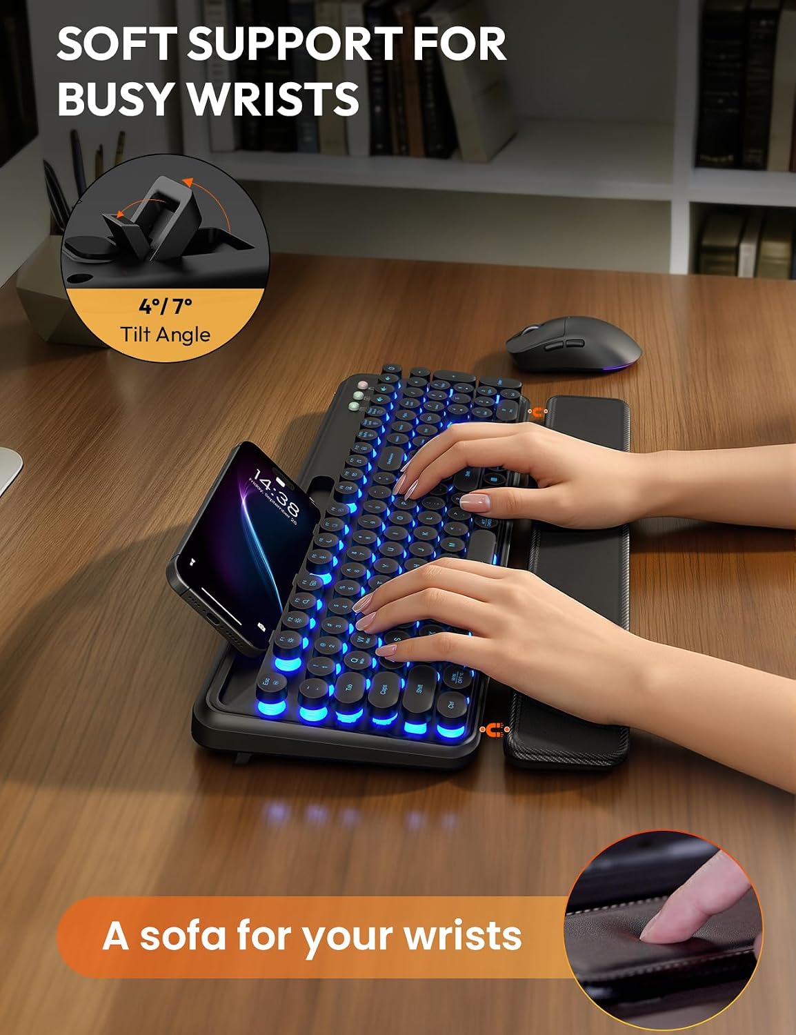 Detalle de SABLUTE CK13Pro Wireless Keyboard and Mouse with Backlit Keys and Wrist Rest