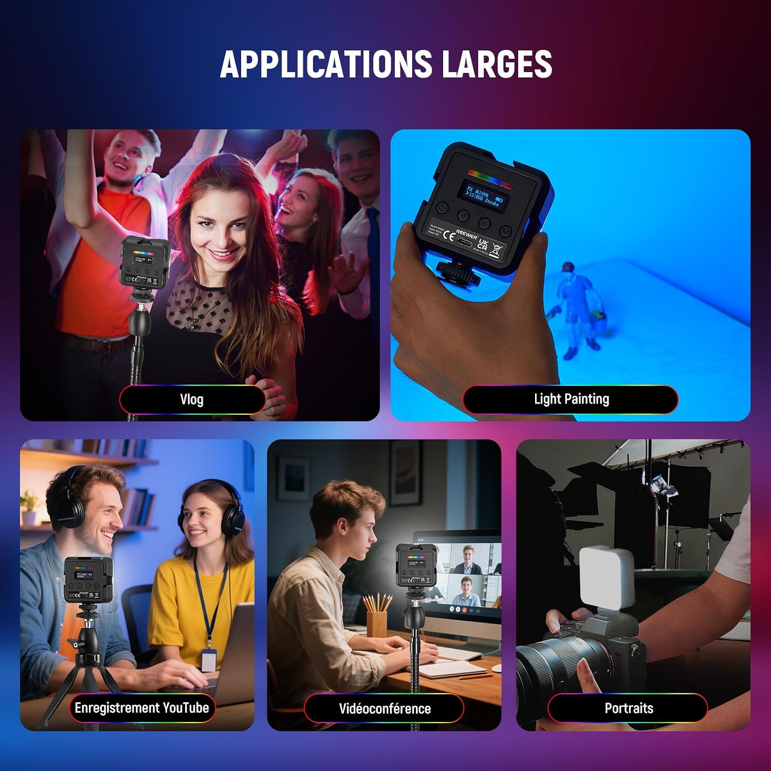 Thumbnail 6 de NEEWER Lampe magnétique RGB pour appareil photo RGB61 : 61 LED, IRC 97+, 2500–8500 K et 20 modes