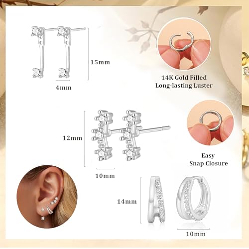 Thumbnail 3 de DORANA 3 Pair 925 Sterling Silver Stud Hoop Earrings Set for Women