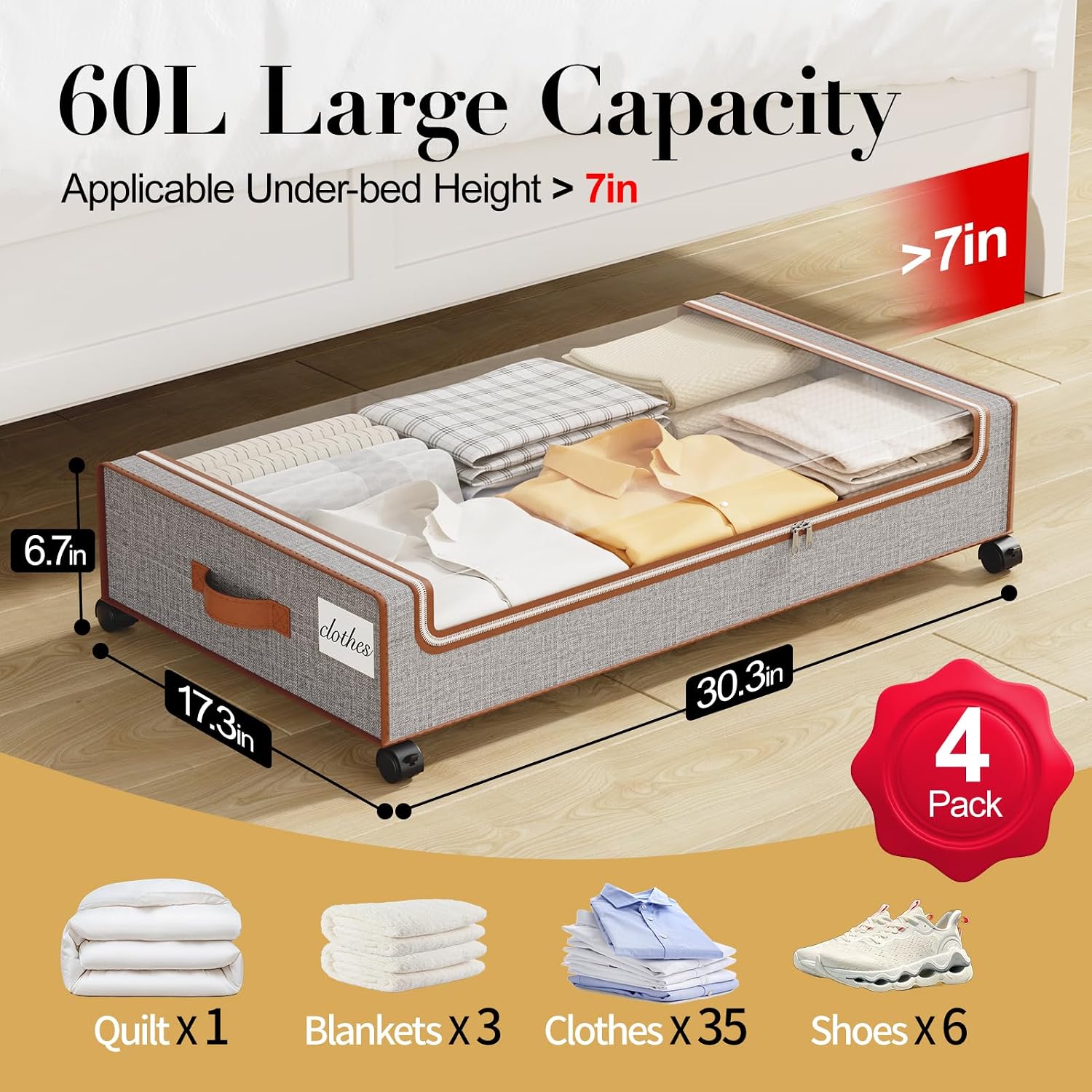 Detalle 2 de Yecaye Under Bed Storage with Wheels 60L Fabric Bins, 4-Pack, Greige