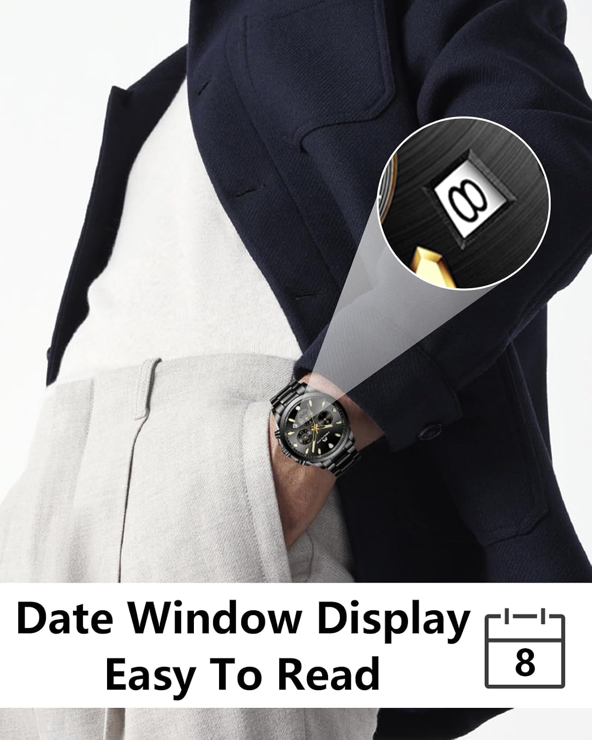 Detalle de MEGALITH Herren-Uhr aus Edelstahl mit Chronograph-Optik, Quarzwerk, Leuchtzeigern & Datum (3 ATM)