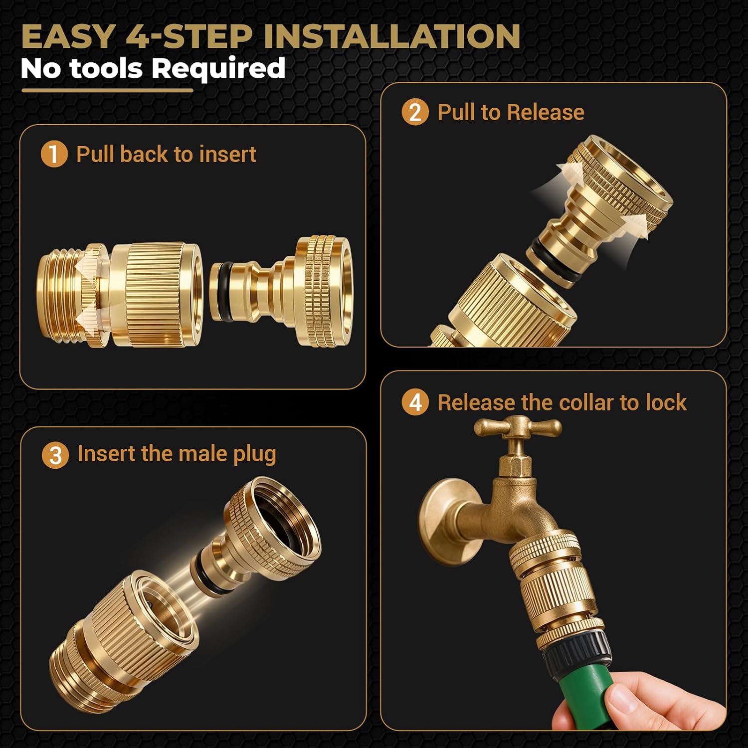 Detalle 2 de HQMPC Garden Hose Quick Connect System — Solid Brass 3/4 inch GHT (2 Sets)