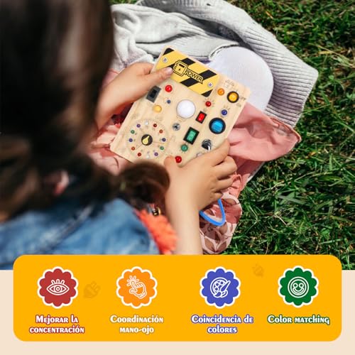 Detalle de Hoarosall Busy Board: Tablero de Actividades Montessori de Madera con 10 Interruptores y 23 LEDs