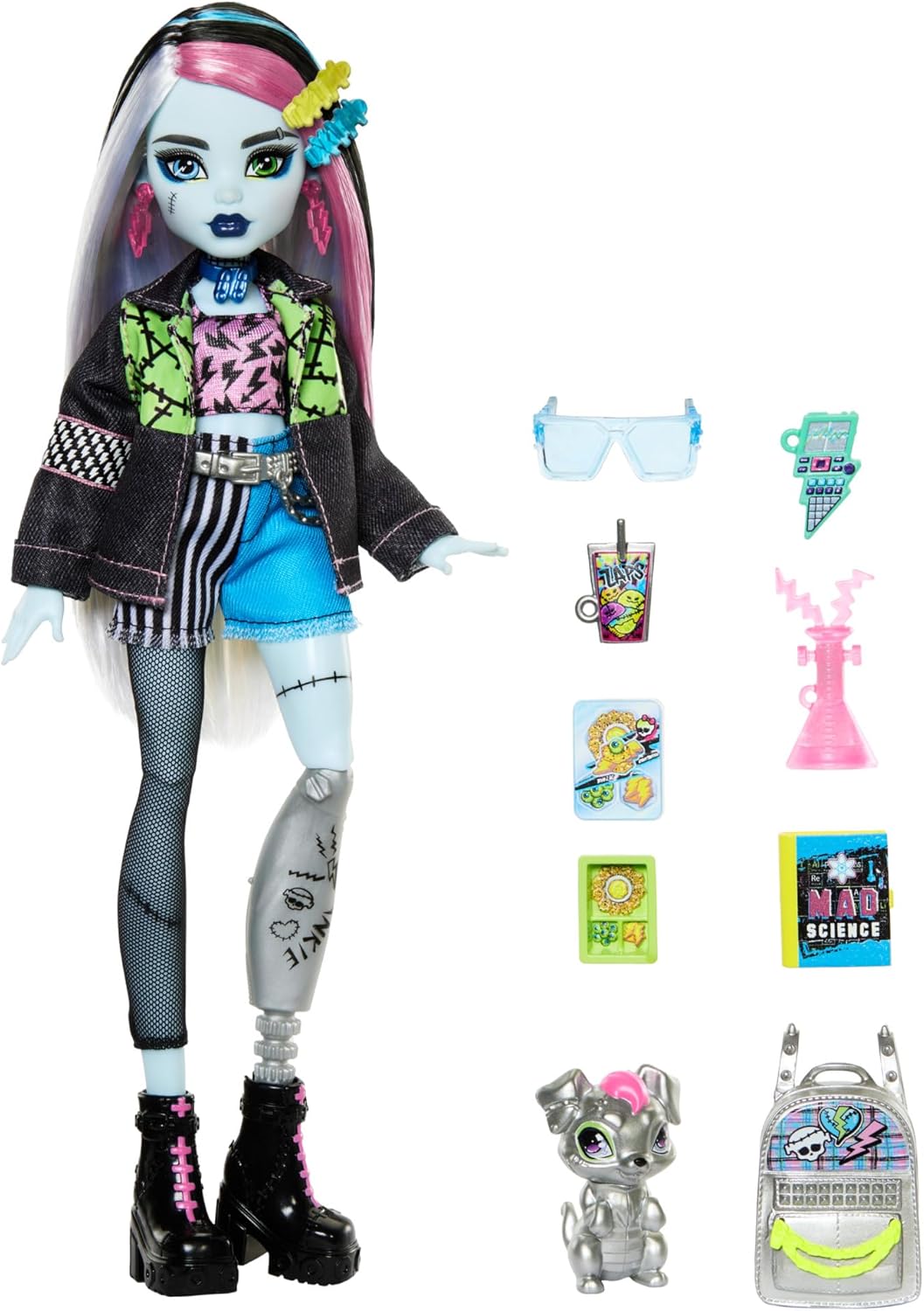 Thumbnail 3 de Monster High Frankie Stein (HXH73) bambola con giacca e shorts in denim, cagnolina Watzie e accessori