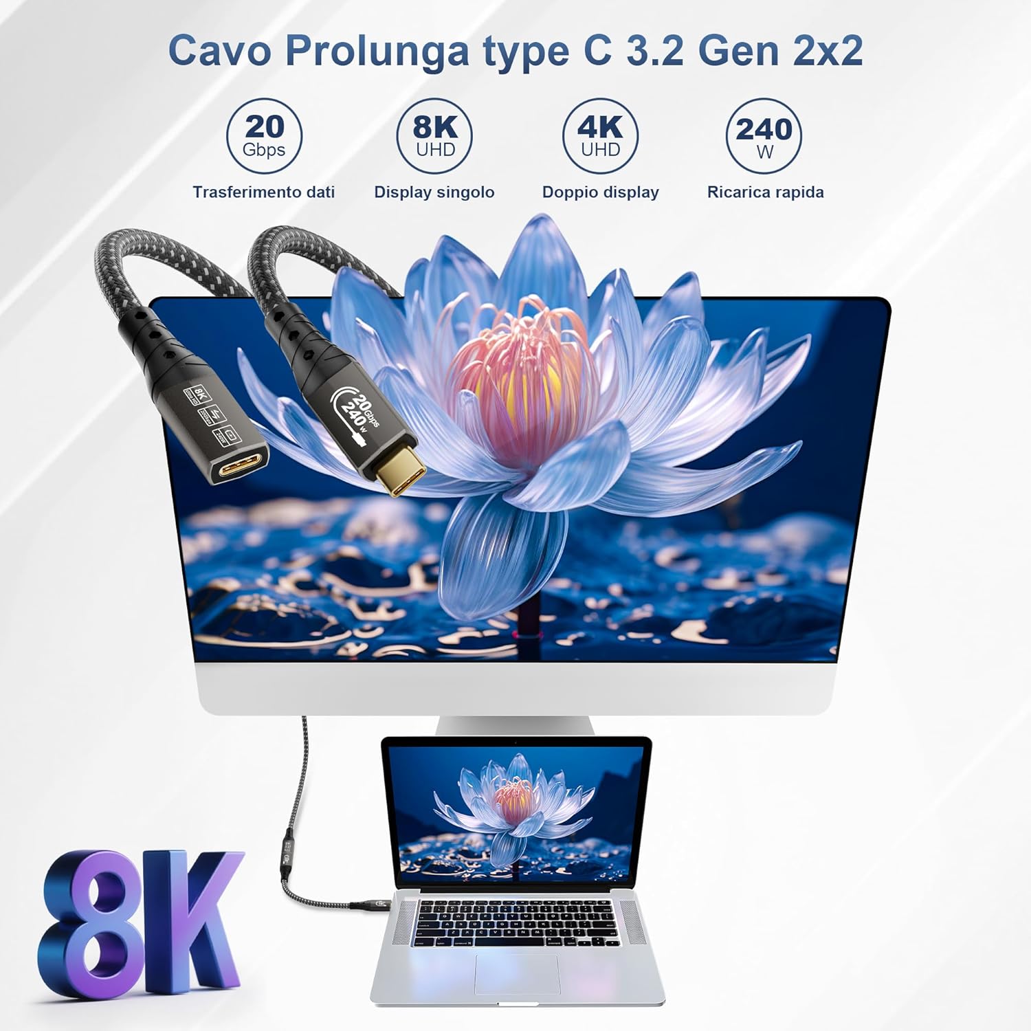 Detalle 2 de ZIKNYDO Prolunga USB C 1m: porta USB-C 3.2 Gen 2x2, 20 Gbps, 8K/4K e PD 3.1 fino a 240W