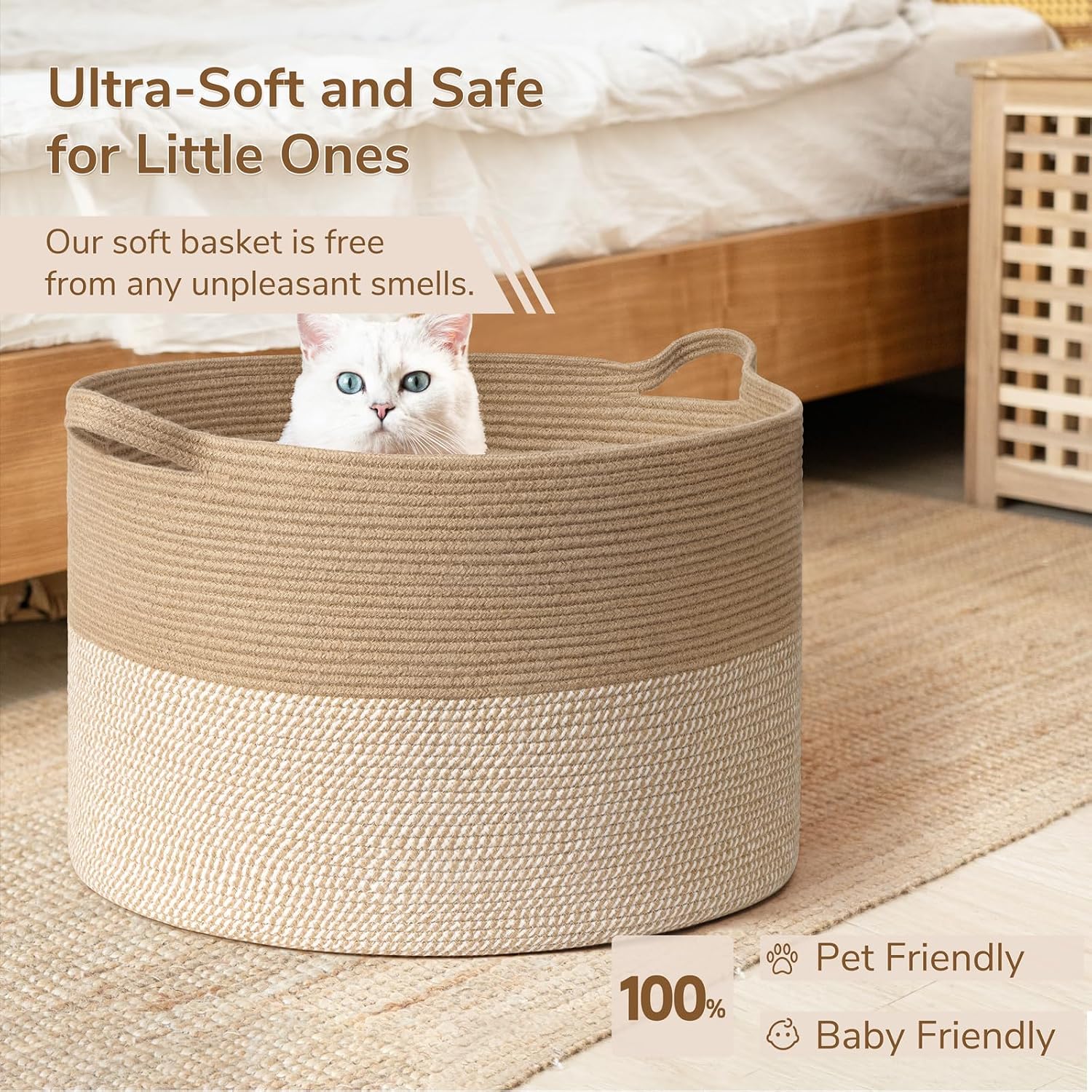 Thumbnail 4 de INDRESSME 115L Extra-Large Woven Storage Basket, White & Jute, Collapsible