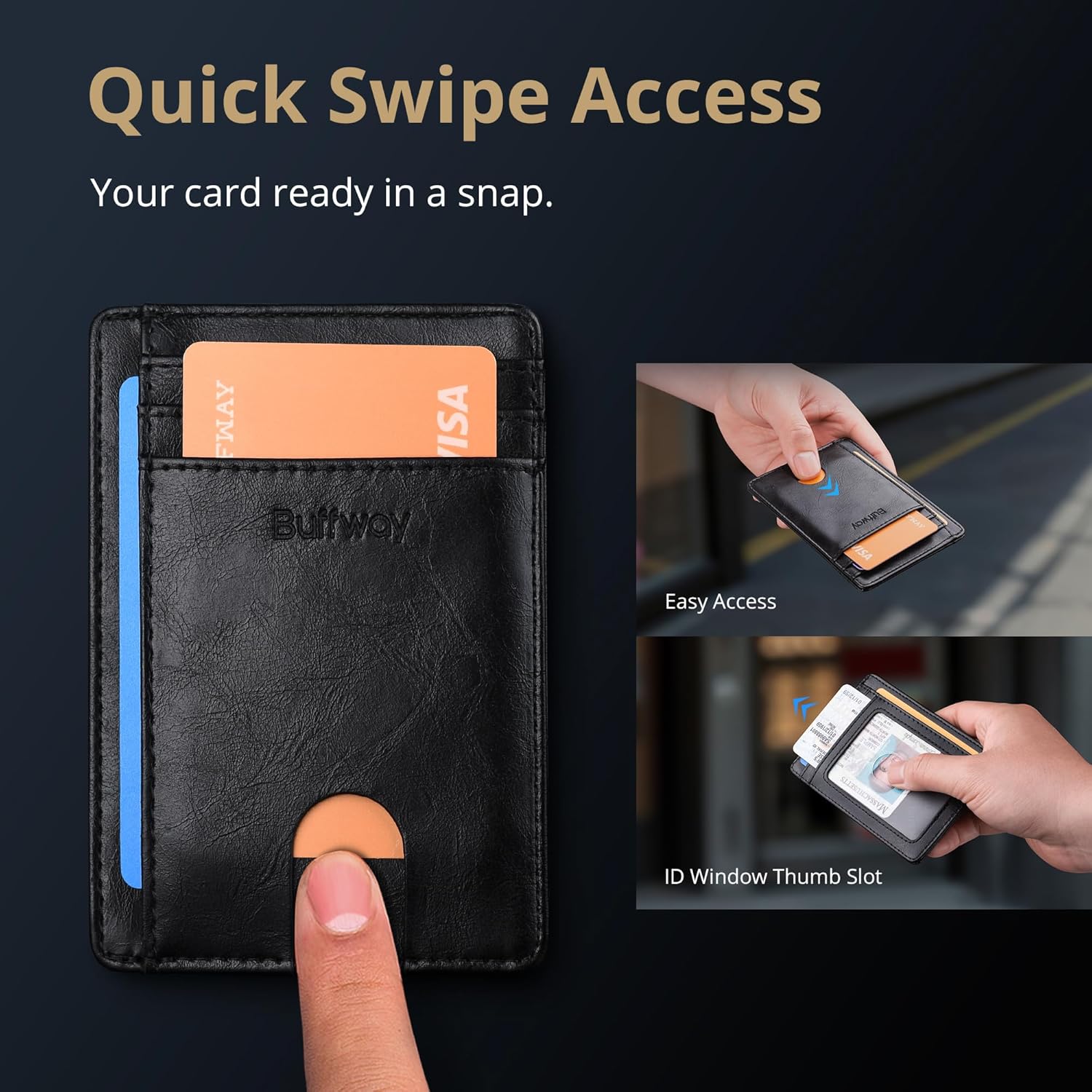 Thumbnail 3 de Buffway Slim Minimalist Front Pocket RFID Blocking Leather Wallets (Alaska Black)