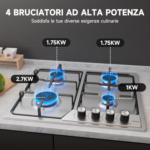 Detalle 2 de IsEasy Piano Cottura 4 Fuochi Gas, 60 cm Inox: piano cottura integrato e versatile