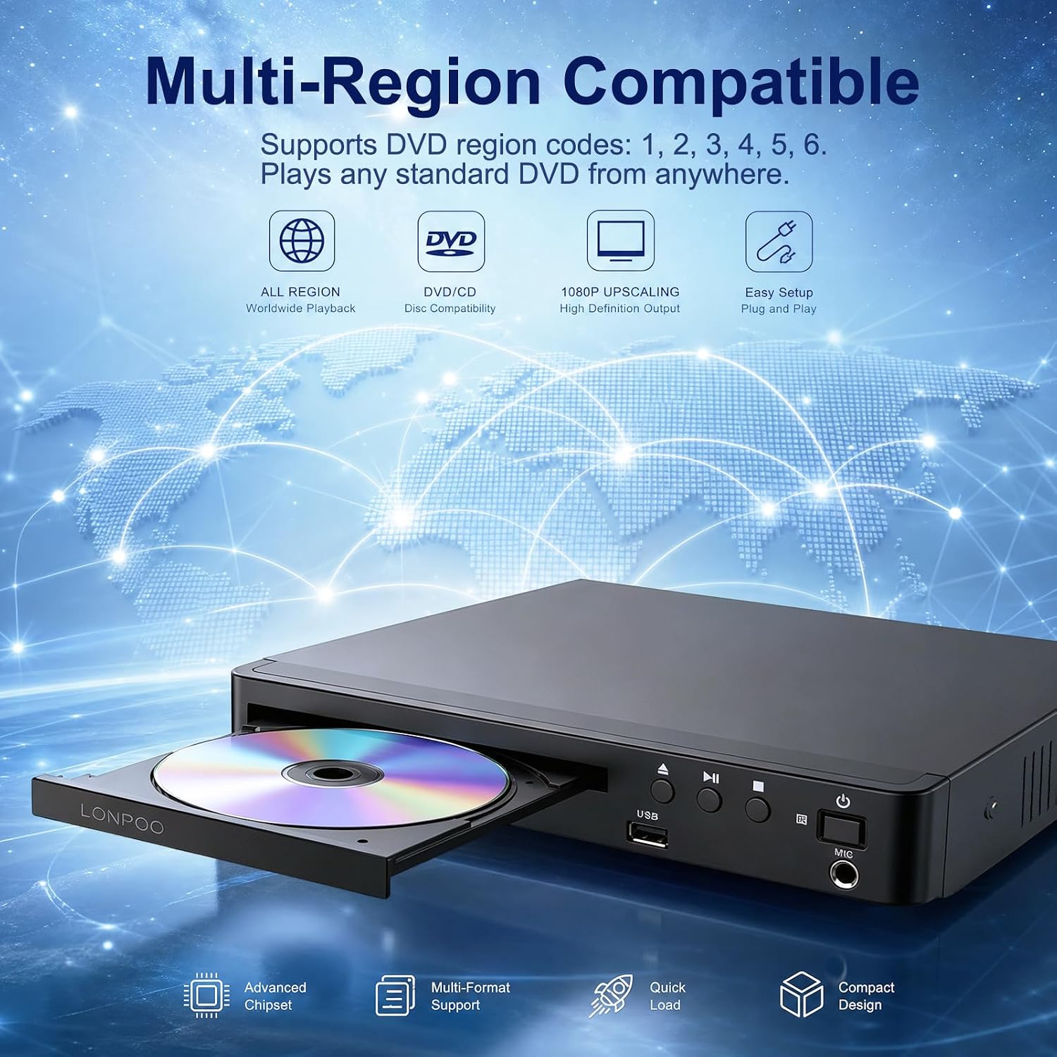 Detalle de LONPOO Region Free HD DVD Player (LP-099): All-Region, 1080p Upscale, USB Media & HDMI Output