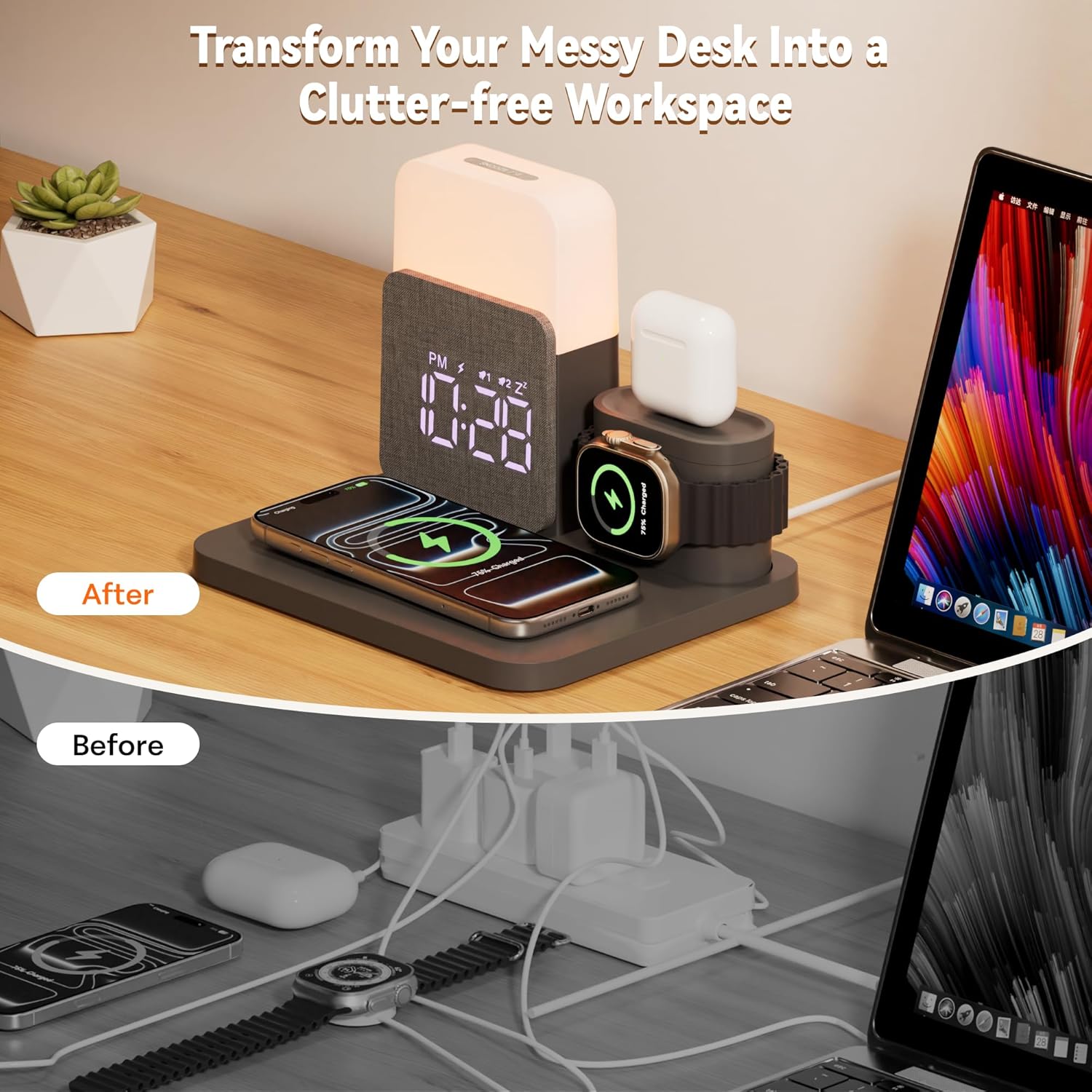 Detalle de COLSUR 6 in 1 Wireless Charging Station with Alarm Clock and Night Light