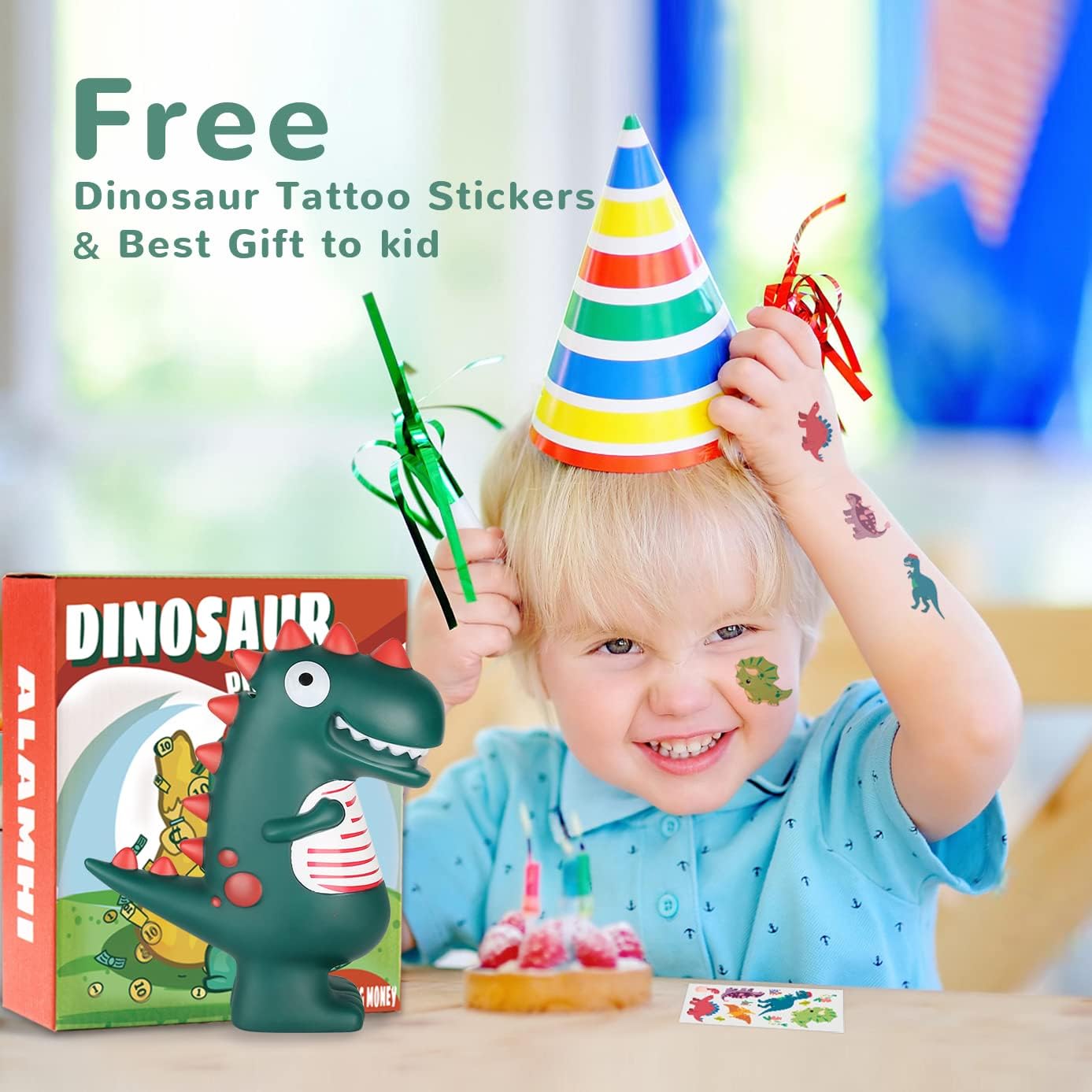Thumbnail 1 de ALAMHI Tirelire enfant dinosaure (vert) – cadeau ludique pour fille et garçon