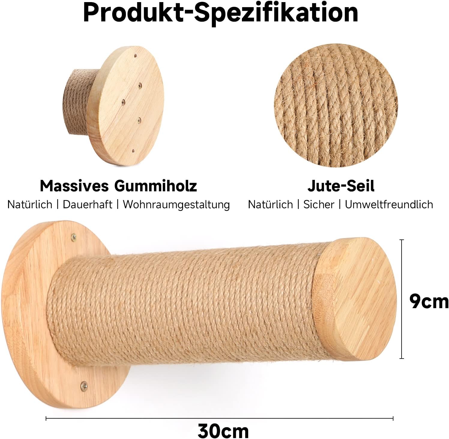 Detalle de FUKUMARU Katzentreppe Wand – Kletterstufe (2er-Pack) aus Gummibaumholz mit Sisal-Pfosten