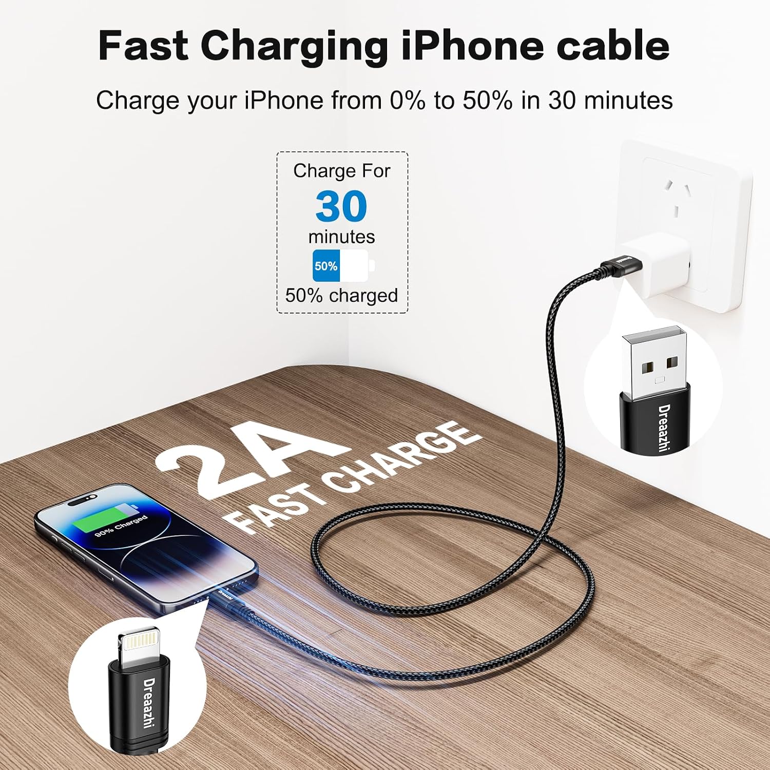 Thumbnail 1 de Dreaazhi Extra Long 4M Lightning Charger Cable for iPhone — 2.4A Fast Charge & 480Mbps Data, Braided