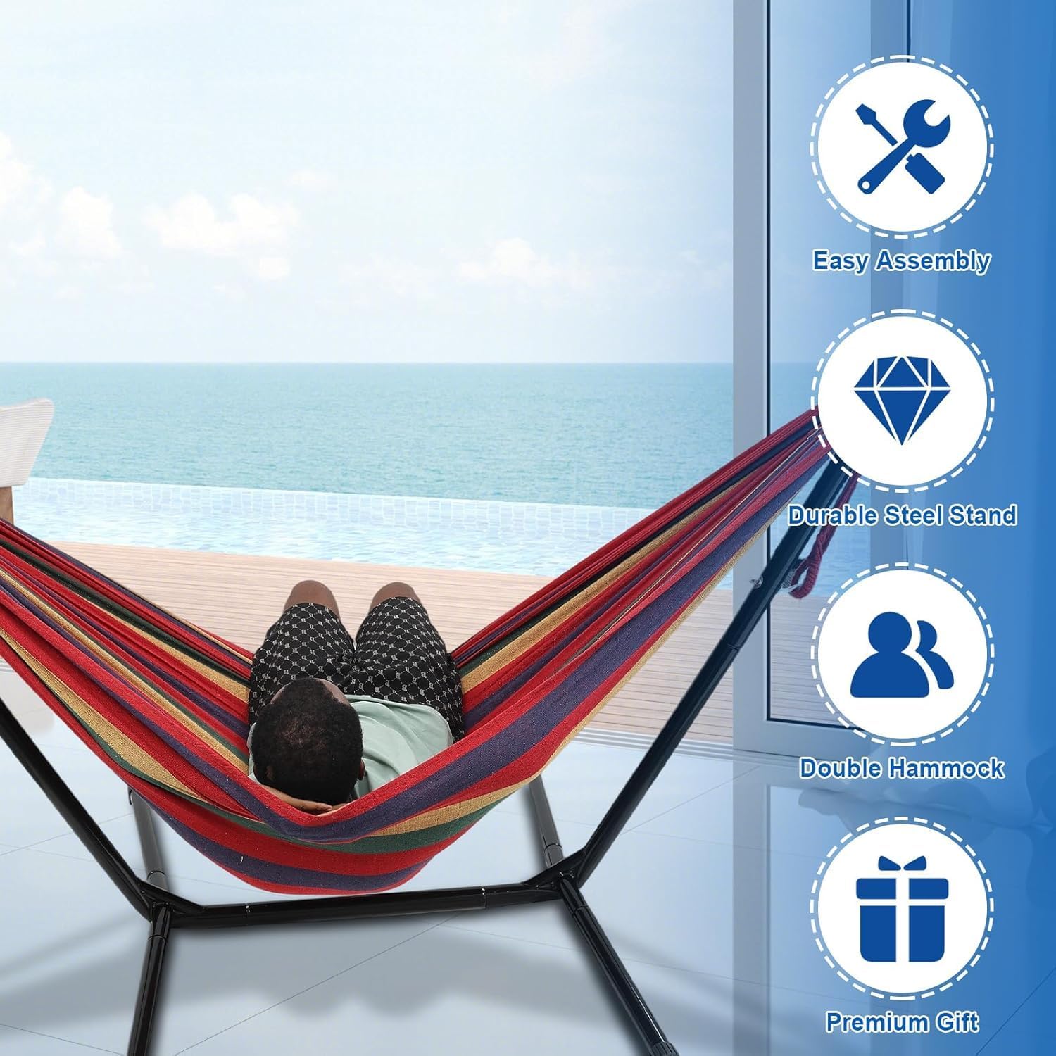 Detalle 2 de Blue 2 Person Hammock with Stand for Outside (600lbs capacity) + Carry Bag