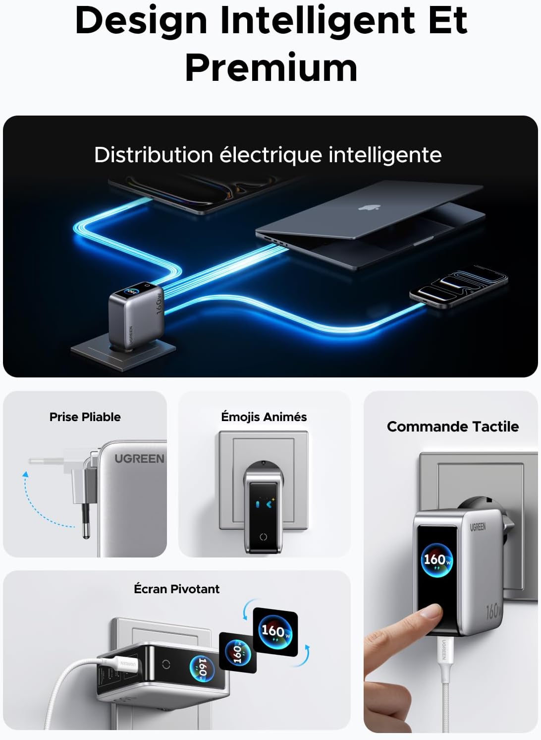 Detalle 2 de UGREEN Nexode Pro 160W : Chargeur USB-C 5 ports avec écran TFT et GaN II
