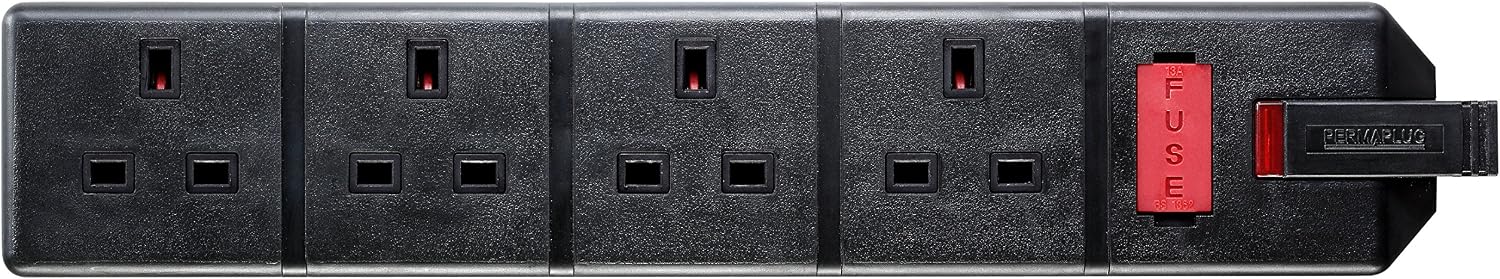 Detalle 2 de Masterplug ELS134B-01 Permaplug Four Socket Trailing Socket (13A) – Wall-mount Ready, Black
