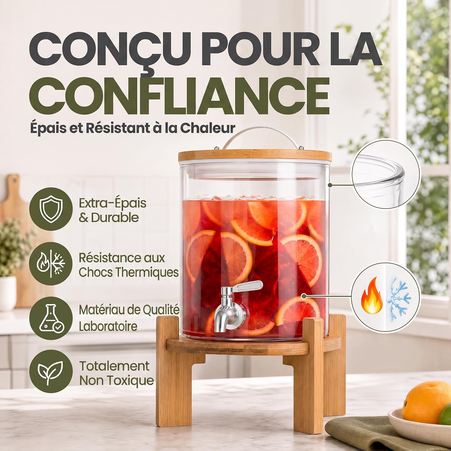 Detalle 2 de Dimono 182 drankautomaat van borosilicaatglas, 5 liter, met bamboestandaard
