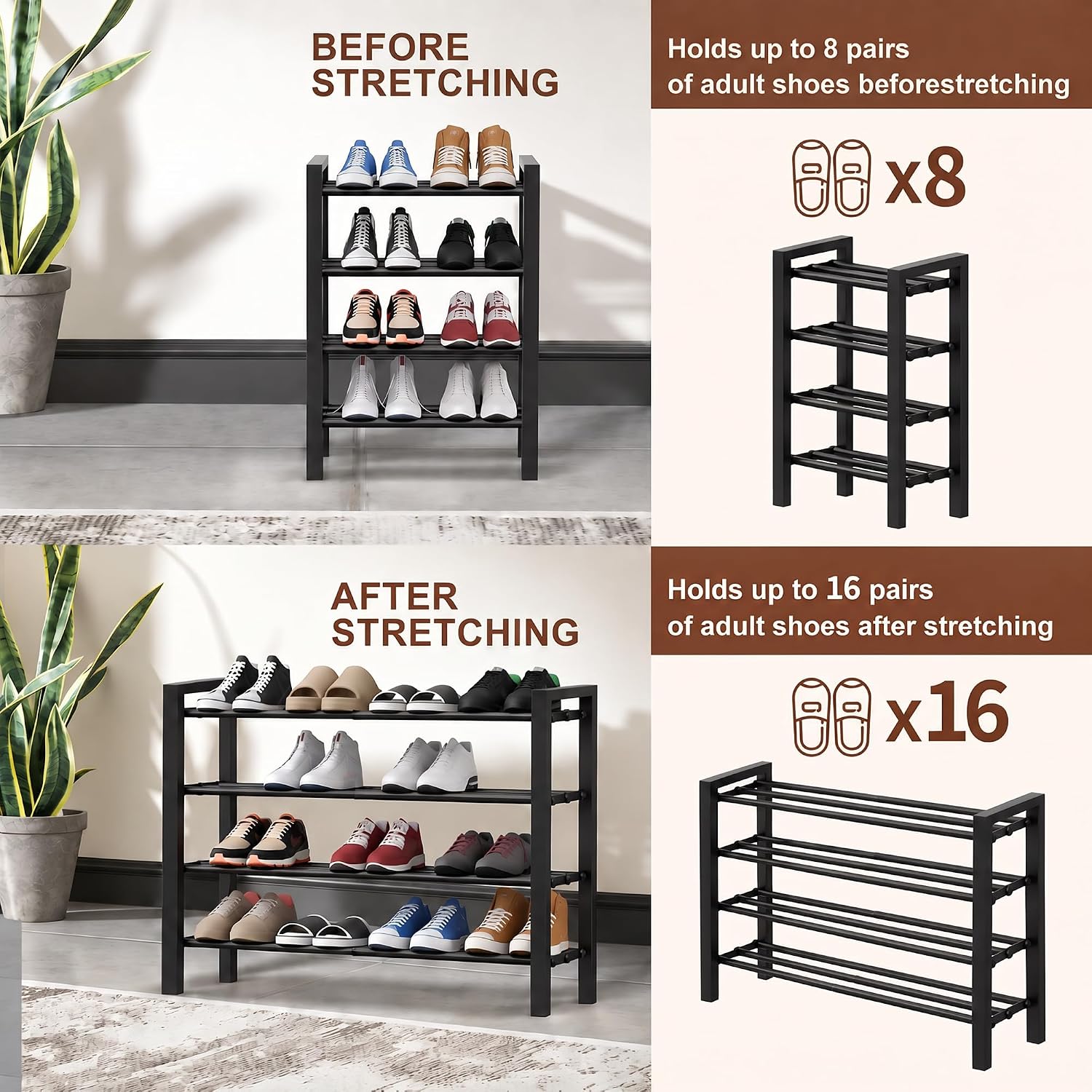 Detalle 2 de HDDTTZ HDD04 Expandable 4-Tier Metal Shoe Rack, Adjustable Width, Black