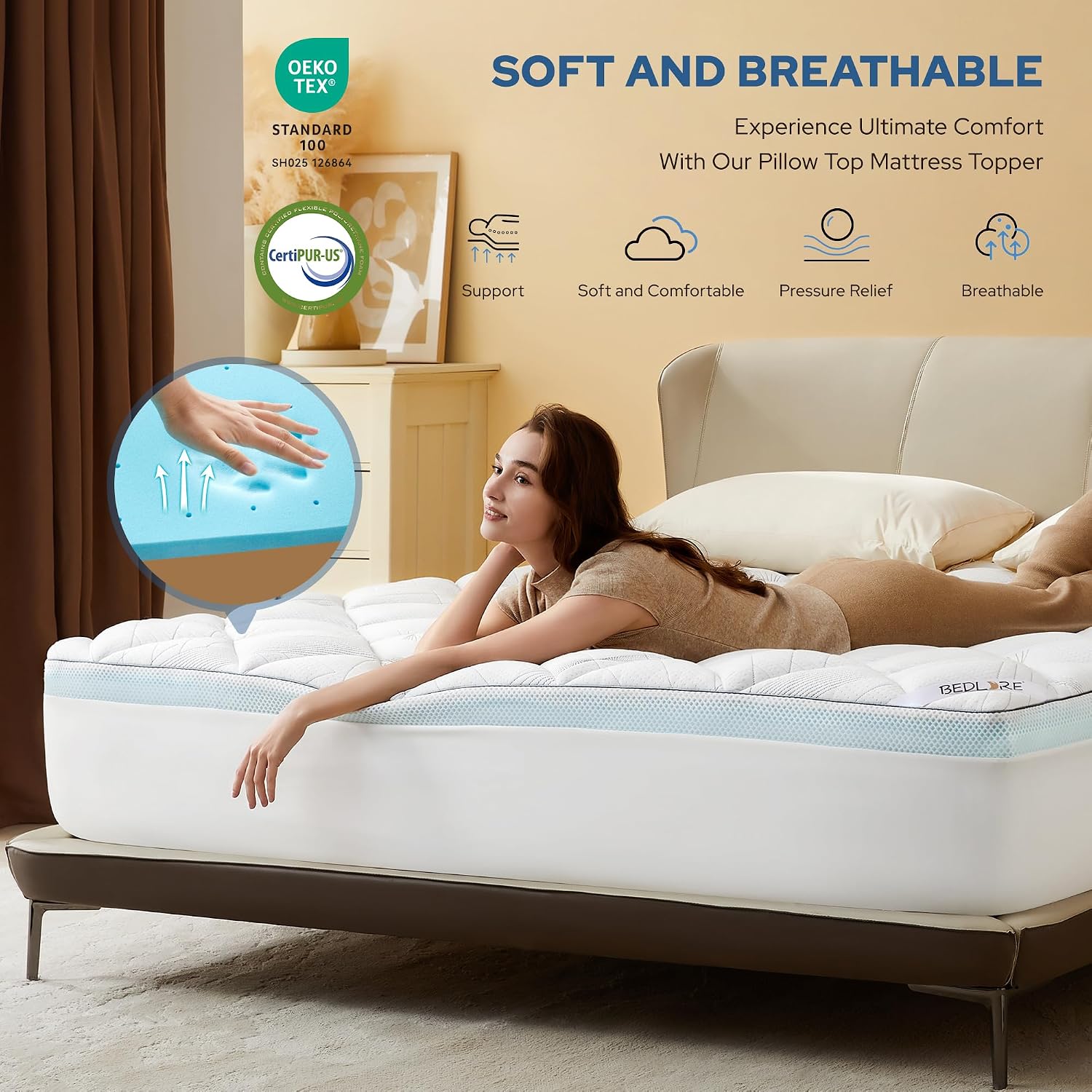 Thumbnail 1 de BEDLORE Double Mattress Topper (2-in-1 Dual Layer: 2" Gel Memory Foam + 2" Plush Cover) – Medium-Firm, OEKO-TEX Certified