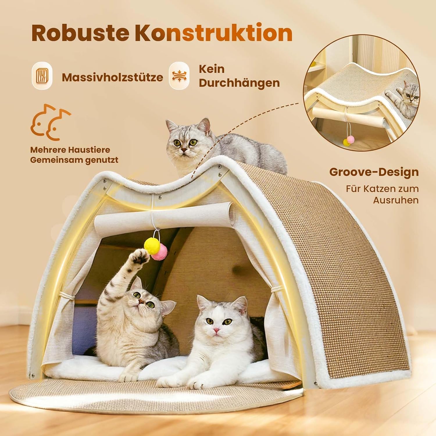 Detalle de Katzenzelt Sisal Kratzhaus: 2-in-1 Katzenhaus & Kratzbrett (Beige, 62x50x43 cm)