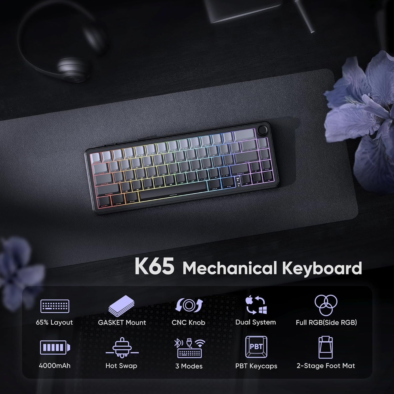 Detalle de RedThunder K65 Wireless Mechanical Gaming Keyboard: 65% Gasket, Hot-Swap, Triple-Mode