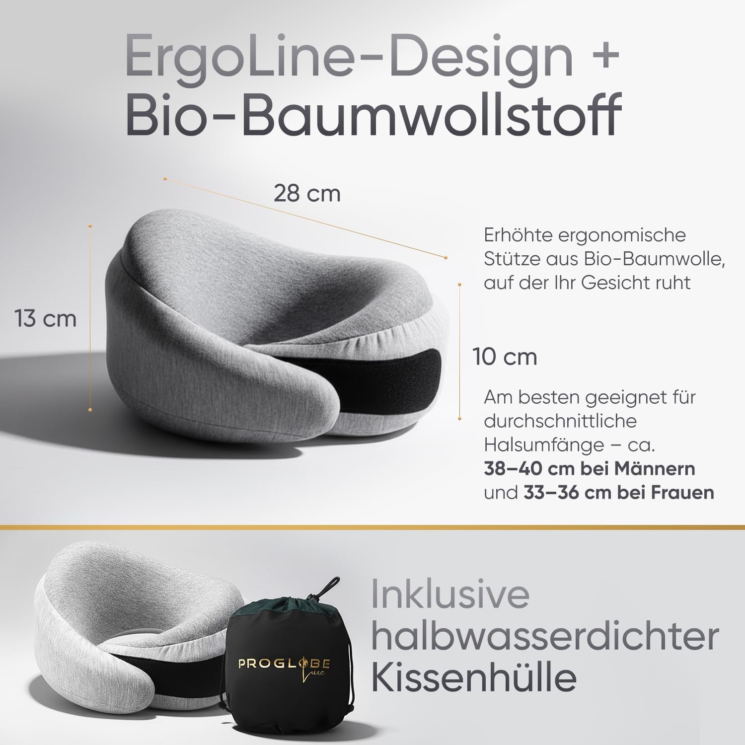 Thumbnail 4 de Proglobe Luxe Reisekissen aus Memory-Schaum – Hellgrau, Bio-Baumwolle, mit Kinnstütze