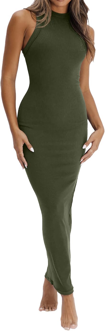 Detalle de LEEDYA Women's Summer Bodycon Dress – Sleeveless Ribbed Tank Midi/Above-Knee Fit
