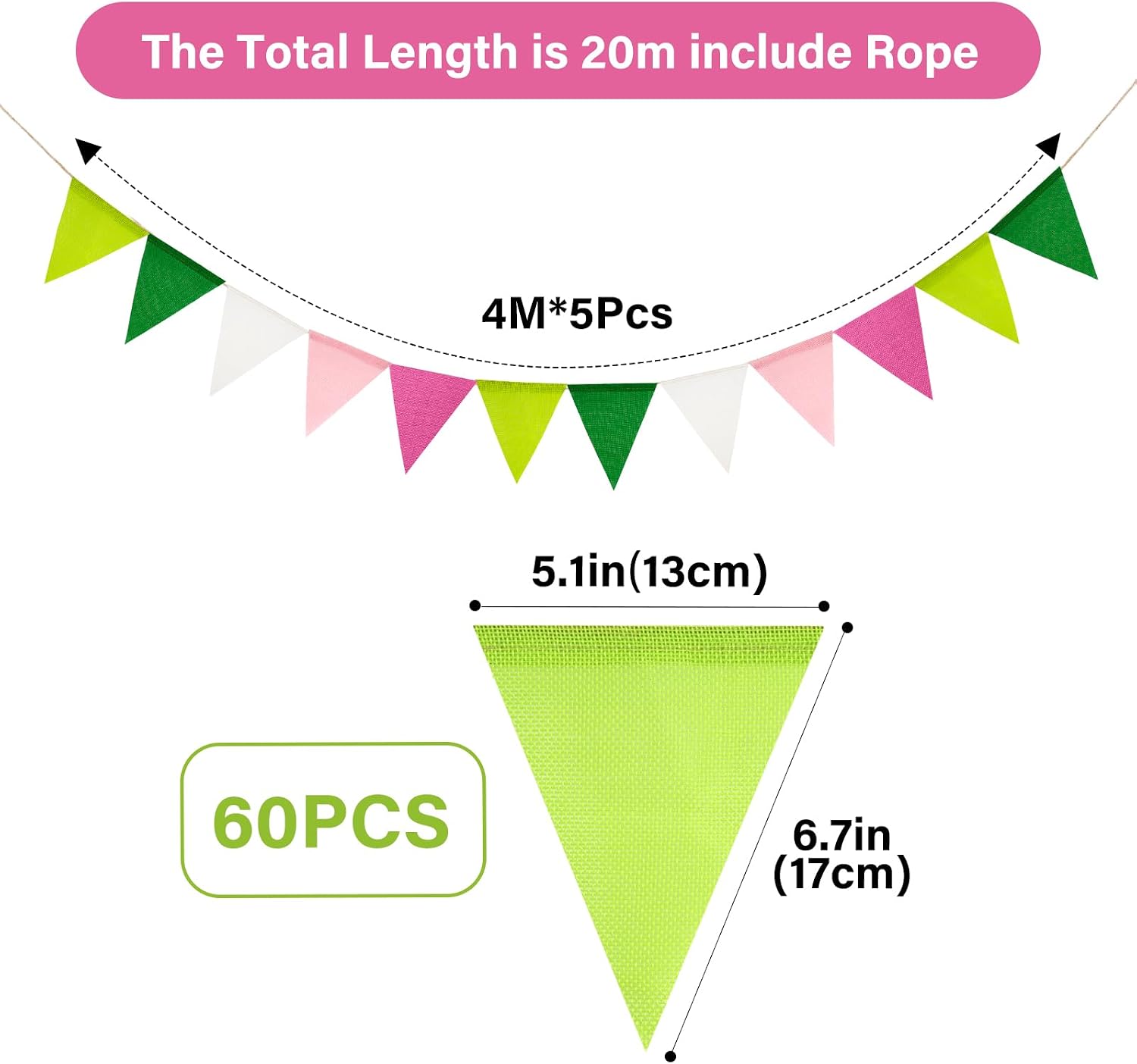 Detalle de jijAcraft Pink Green White Burlap Bunting: 60pcs Pre-strung Hessian Banner (20m) for Indoor or Outdoor Decor