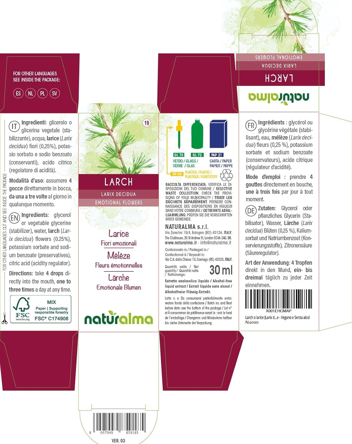 Detalle 2 de Larch (Larix decidua) Fiori emozionali Naturalma in Gocce 30 ml – Estratto liquido analcoolico