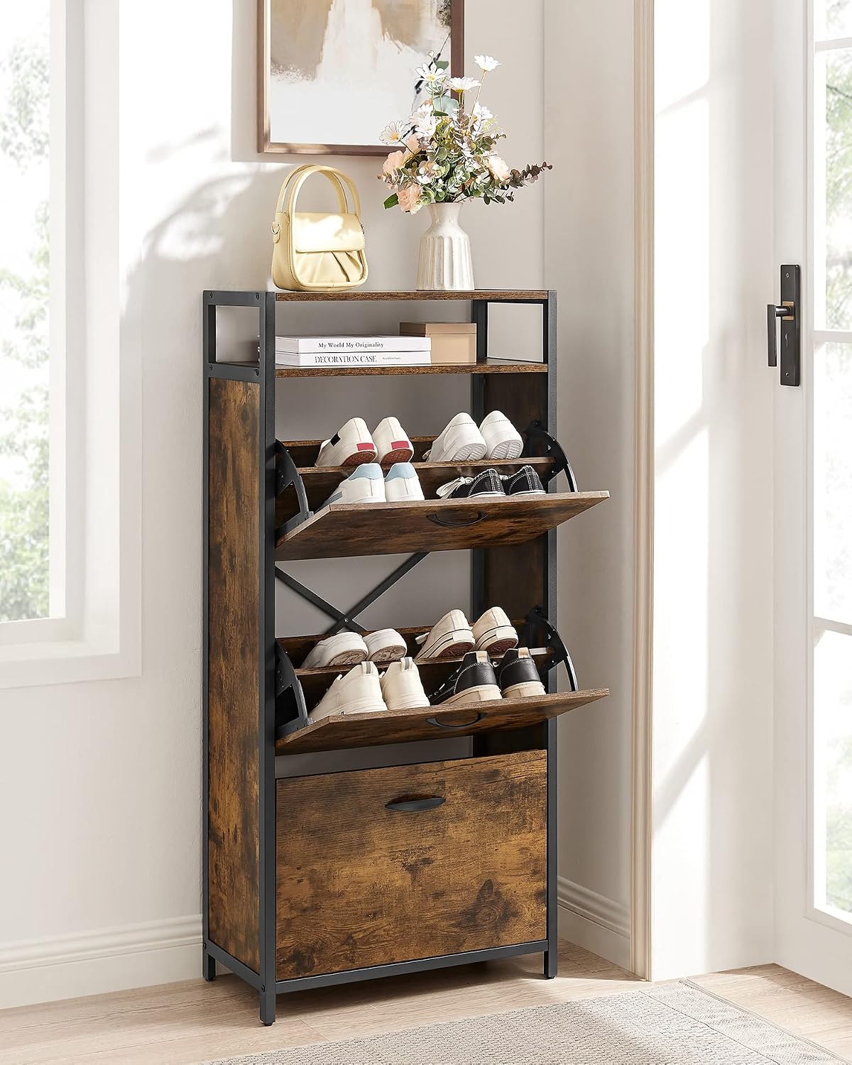 Detalle 2 de VASAGLE BARNET LBS101B01 Shoe Cabinet, 3 Flip Doors, Rustic Brown