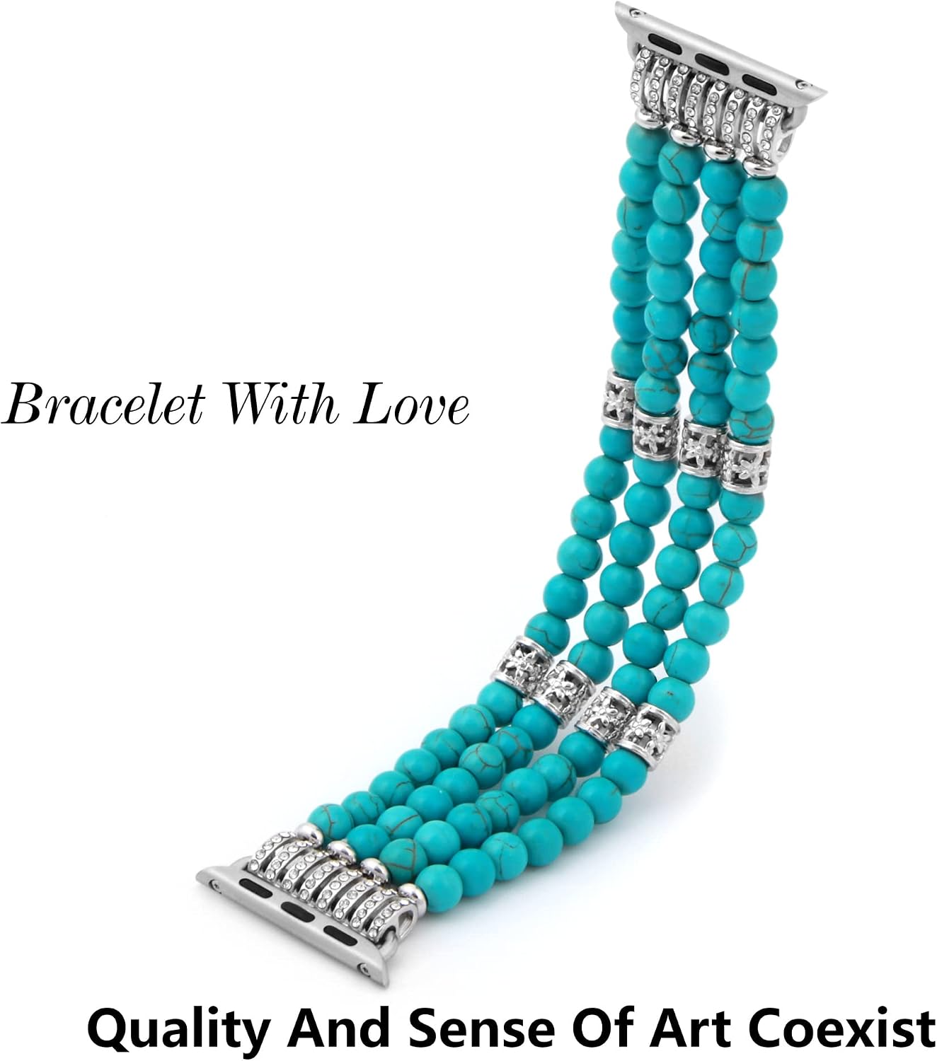 Detalle de GEMEK Turquoise Pearl Beaded Elastic Apple Watch Strap (42–49mm) – Handmade Stretch Bracelet