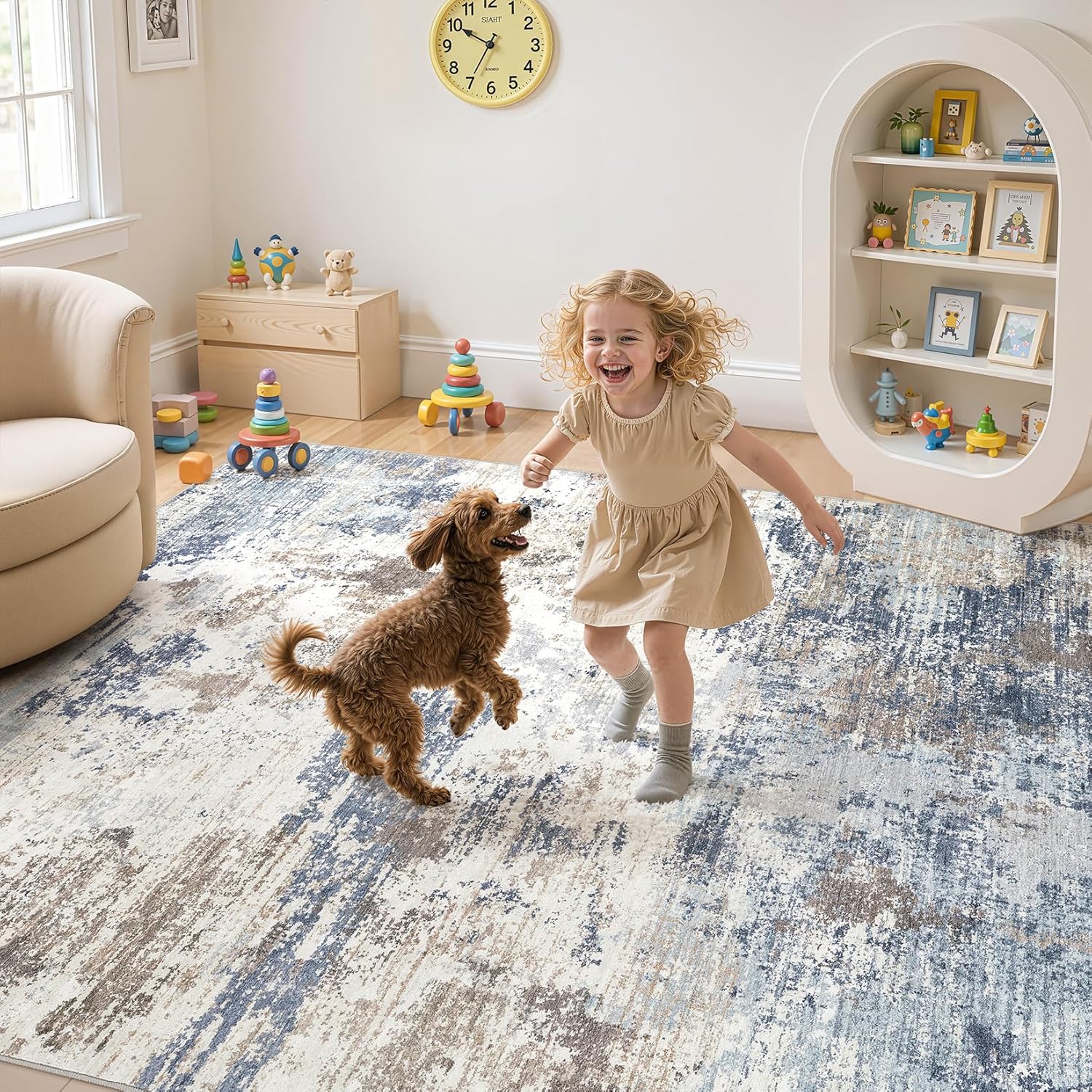 Thumbnail 2 de UERMEI 8x10 Neutral Abstract Washable Area Rug in Denim Blue