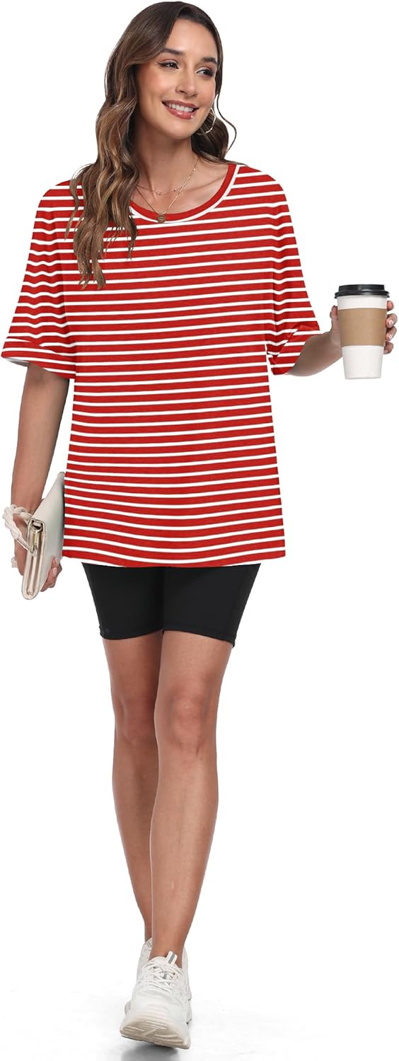 Thumbnail 3 de WNEEDU Oversize Shirt Damen – Kurzarm Rundhals, Leichtes Sommer-T-Shirt mit gekrempelten Ärmeln
